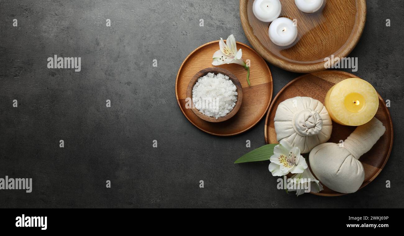 Flat lay composition with different spa products and lily flowers on ...