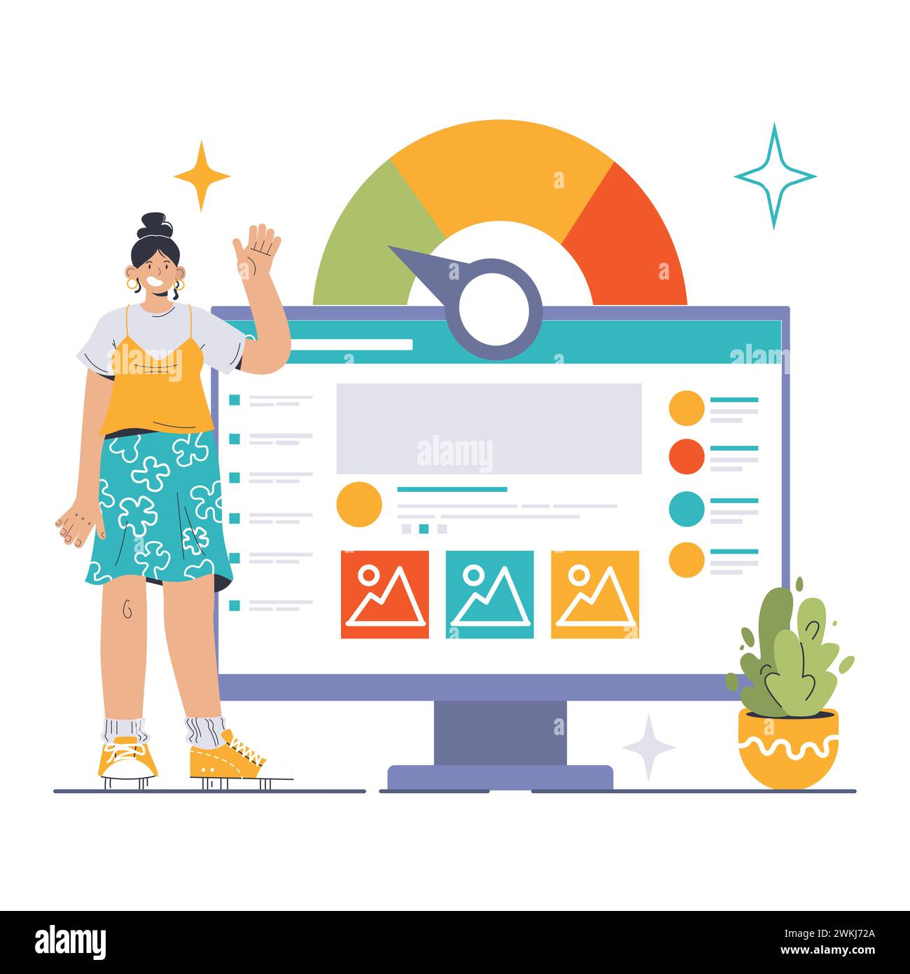 Website optimization concept. Monitoring and enhancing site speed. User-friendly interface with optimal functionality. Flat vector illustration. Stock Vector