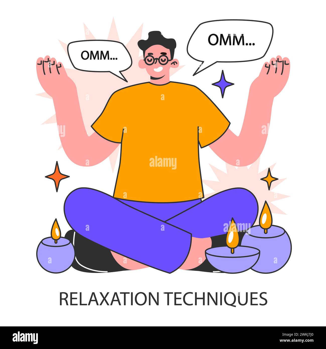 Serene businessman practices relaxation techniques sitting in a lotus yoga position. Mindful meditation. Centered balance. Flat vector illustration. Stock Vector