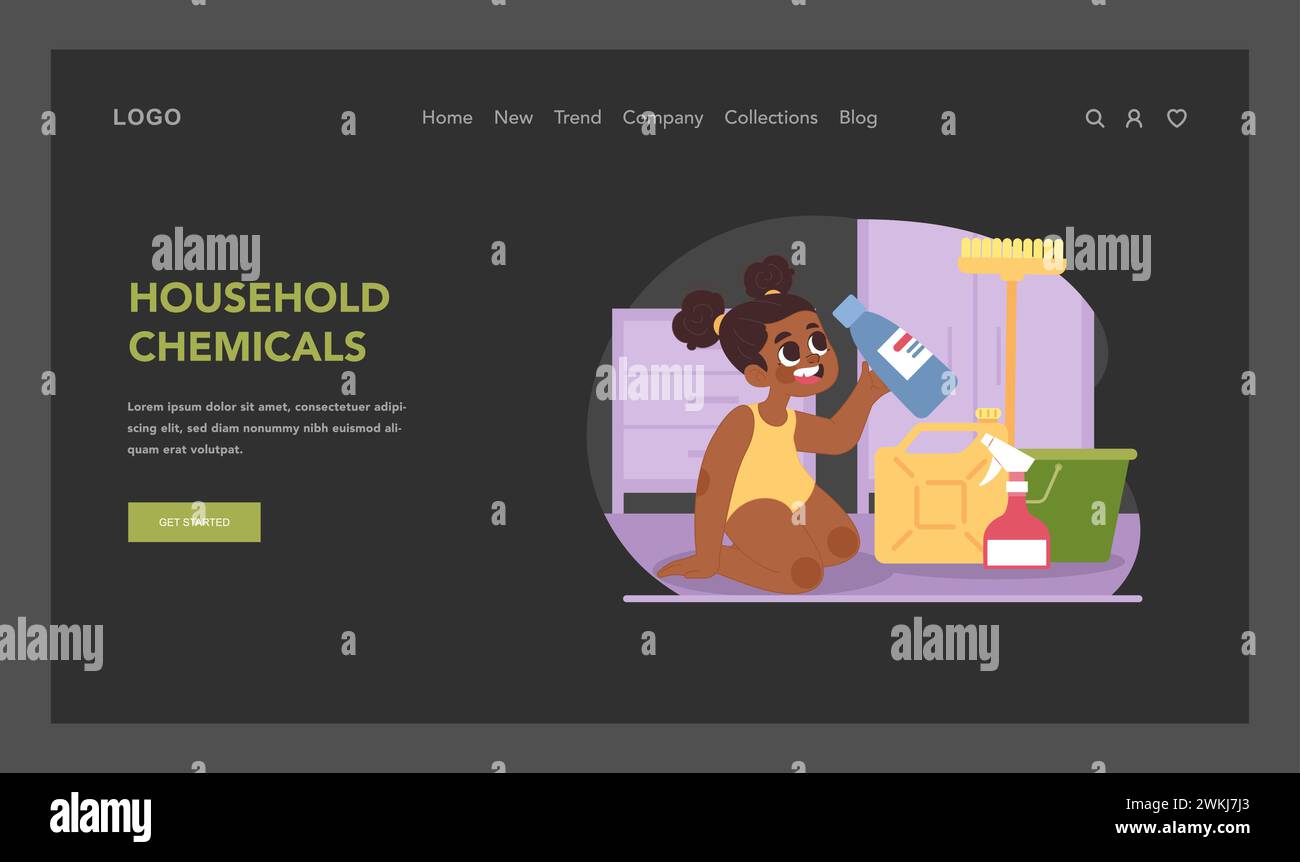 Poison prevention for kids. Curious little girl examining bottle of