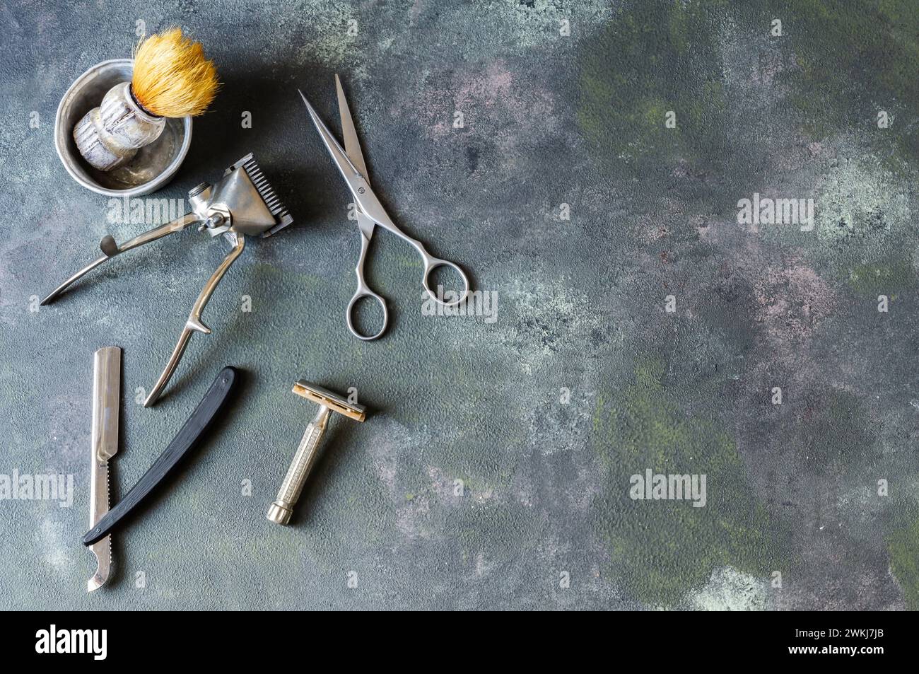 Vintage Barber supplies , hair and beard accessories for man, old shaving machine, scissors, old razor, barber nostalgia poster Stock Photo