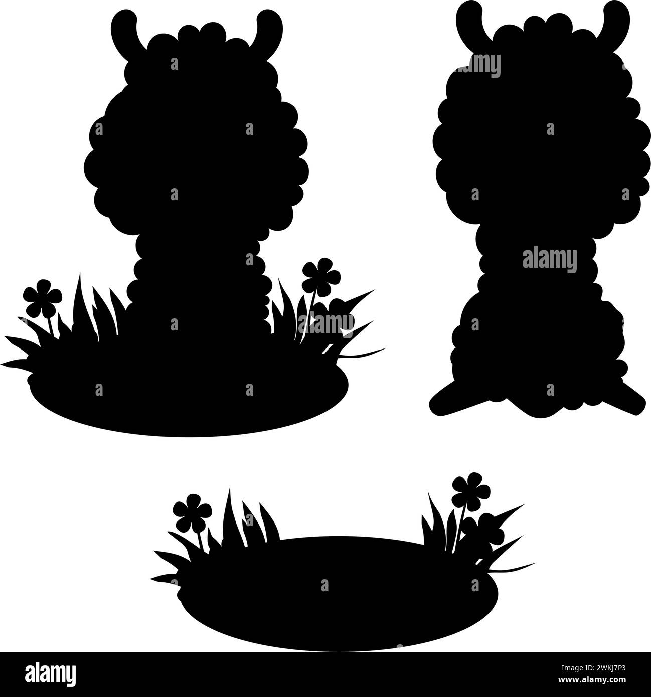 Black silhouettes sheep in grass with flowers. Isolated hand drawing of farm animal and glade. Vector illustration Stock Vector