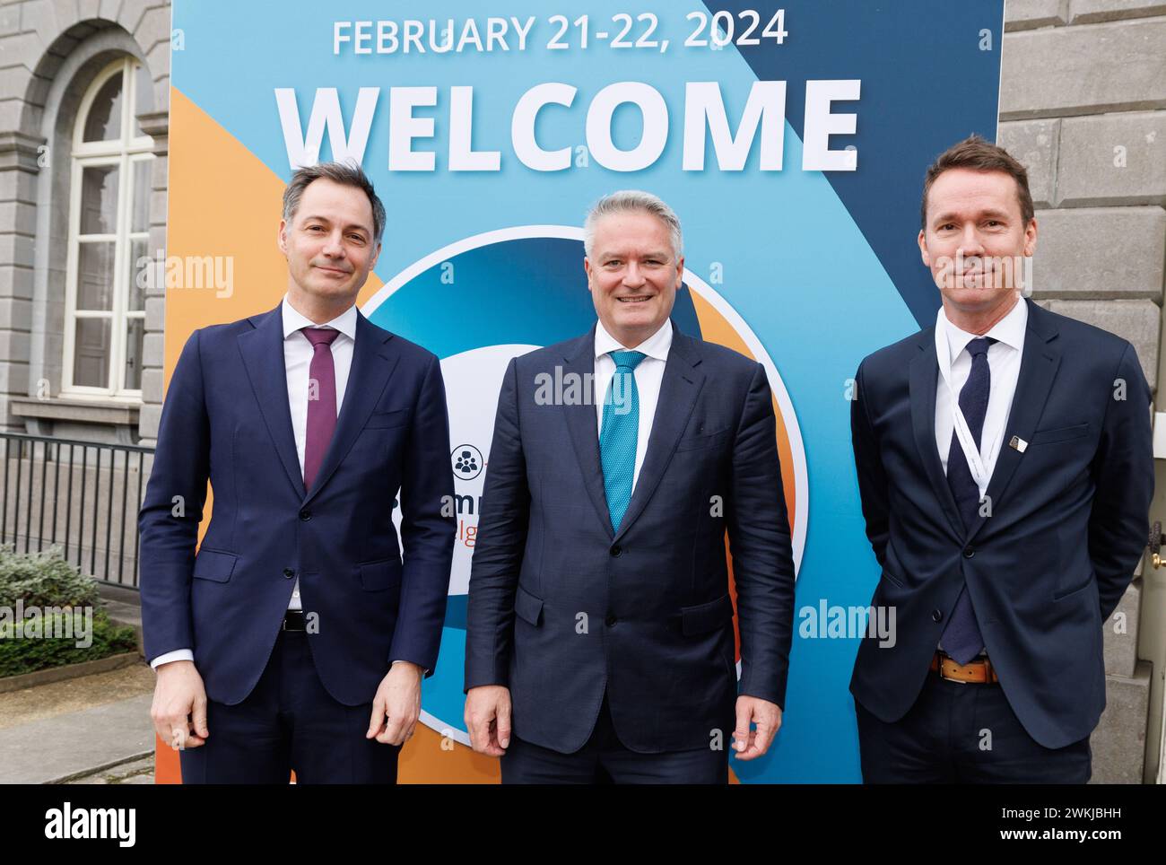 Brussels, Belgium. 21st Feb, 2024. Prime Minister Alexander De Croo, Belgian-born Australian Secretary-General of the Organisation for Economic Co-operation and Development (OECD) Mathias Cormann and Flemish Minister of Employment, Economy, Social Economy and agriculture Jo Brouns pictured ahead of the opening session and a press conference at the start of the OCDE (OECD - OESO) Skills Summit 2024, in Brussels, Wednesday 21 February 2024. BELGA PHOTO BENOIT DOPPAGNE Credit: Belga News Agency/Alamy Live News Stock Photo