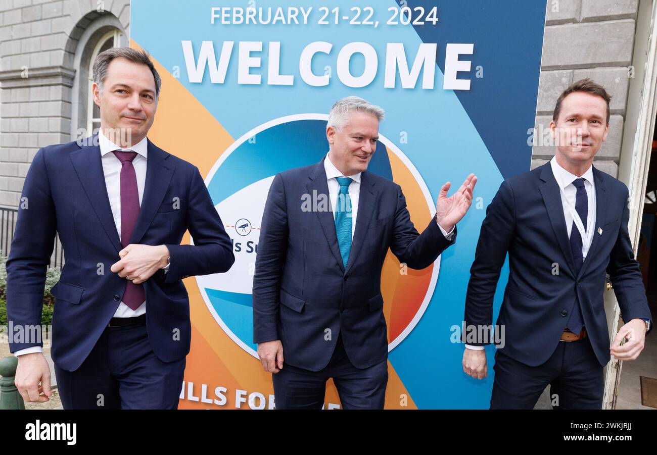 Brussels, Belgium. 21st Feb, 2024. Prime Minister Alexander De Croo, Belgian-born Australian Secretary-General of the Organisation for Economic Co-operation and Development (OECD) Mathias Cormann and Flemish Minister of Employment, Economy, Social Economy and agriculture Jo Brouns pictured ahead of the opening session and a press conference at the start of the OCDE (OECD - OESO) Skills Summit 2024, in Brussels, Wednesday 21 February 2024. BELGA PHOTO BENOIT DOPPAGNE Credit: Belga News Agency/Alamy Live News Stock Photo