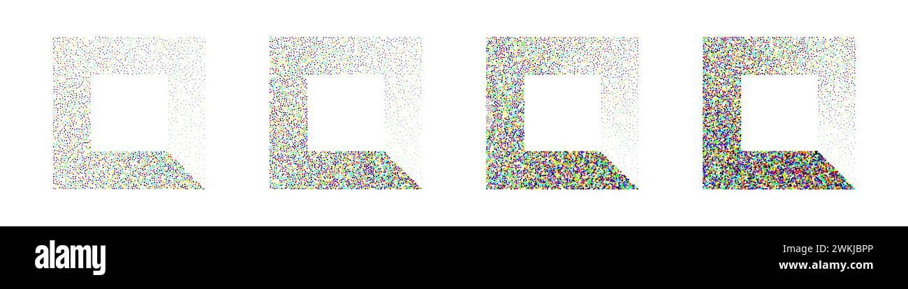Square shaped dotted objects, stipple elements. Stippling, dotwork drawing shading using dots. Halftone disintegration effect. Colored noise grainy Stock Vector
