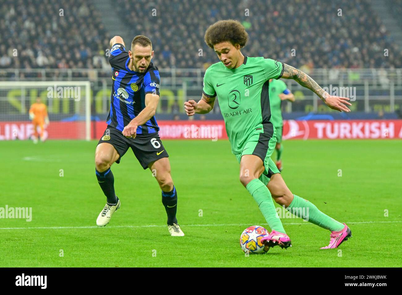 Milano, Italy. 20th Feb, 2024. Axel Witsel (20) of Atletico Madrid and Stefan de Vrij (6) of Inter seen during the UEFA Champions League match between Inter and Real Sociedad at Giuseppe Meazza in Milano. (Photo Credit: Gonzales Photo/Alamy Live News Stock Photo