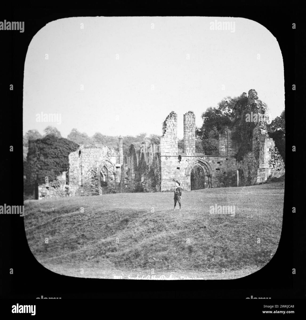 Magic lantern slide of Finchale Priory ruins, County Durham, England, UK c 1900 Stock Photo