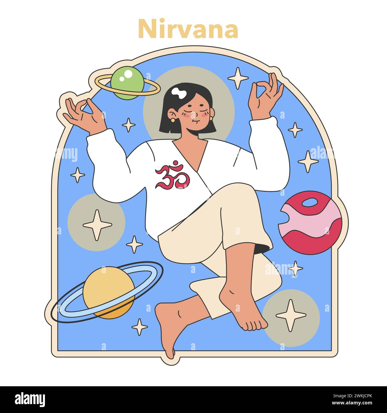 Nirvana concept illustration. A figure in cosmic serenity, symbolizing ultimate spiritual liberation. Flat vector illustration. Stock Vector