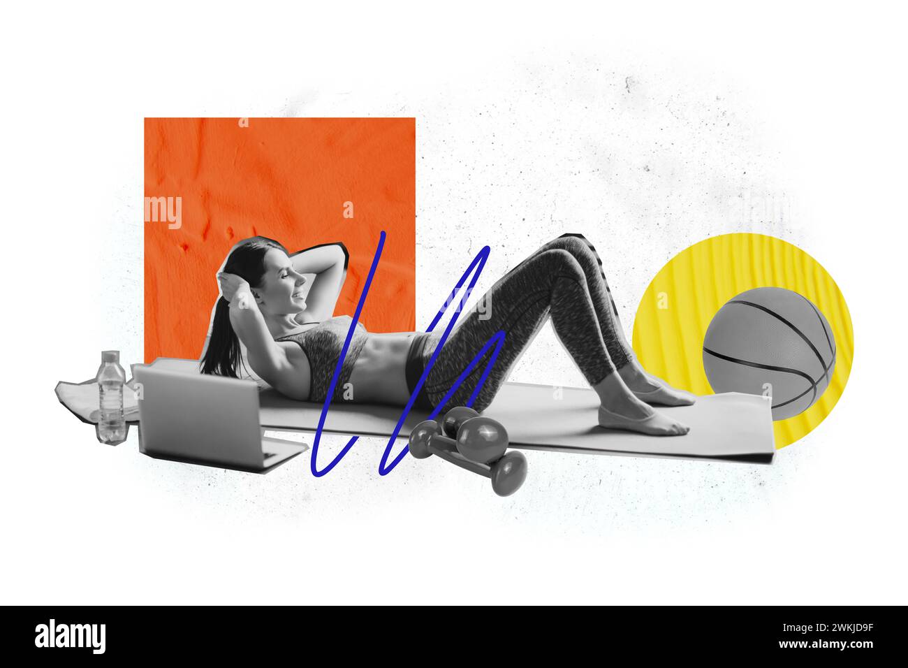 Composite graphics collage image of girl athlete pump six pack press home workout marathon sports equipment isolated on painting background Stock Photo