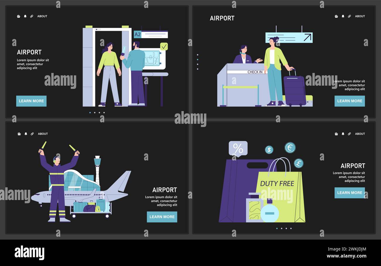 People in the airport dark or night mode web or landing set. Character checking-in on a flight, at the security scanner and passport control. Travel and tourism. Flat vector illustration Stock Vector