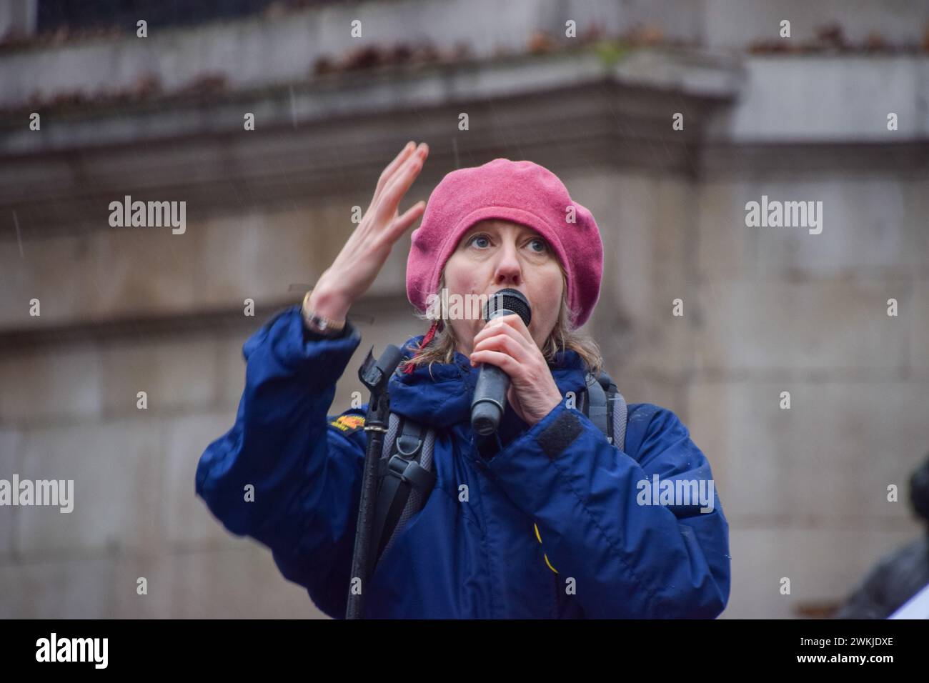 London, UK. 21st February 2024. Dr GAIL BRADBROOK, co-founder of Extinction Rebellion, gives a speech as activists gather outside the High Court ahead of a hearing on whether climate activists should be able to use the 'Belief in Consent' defence. Credit: Vuk Valcic/Alamy Live News Stock Photo