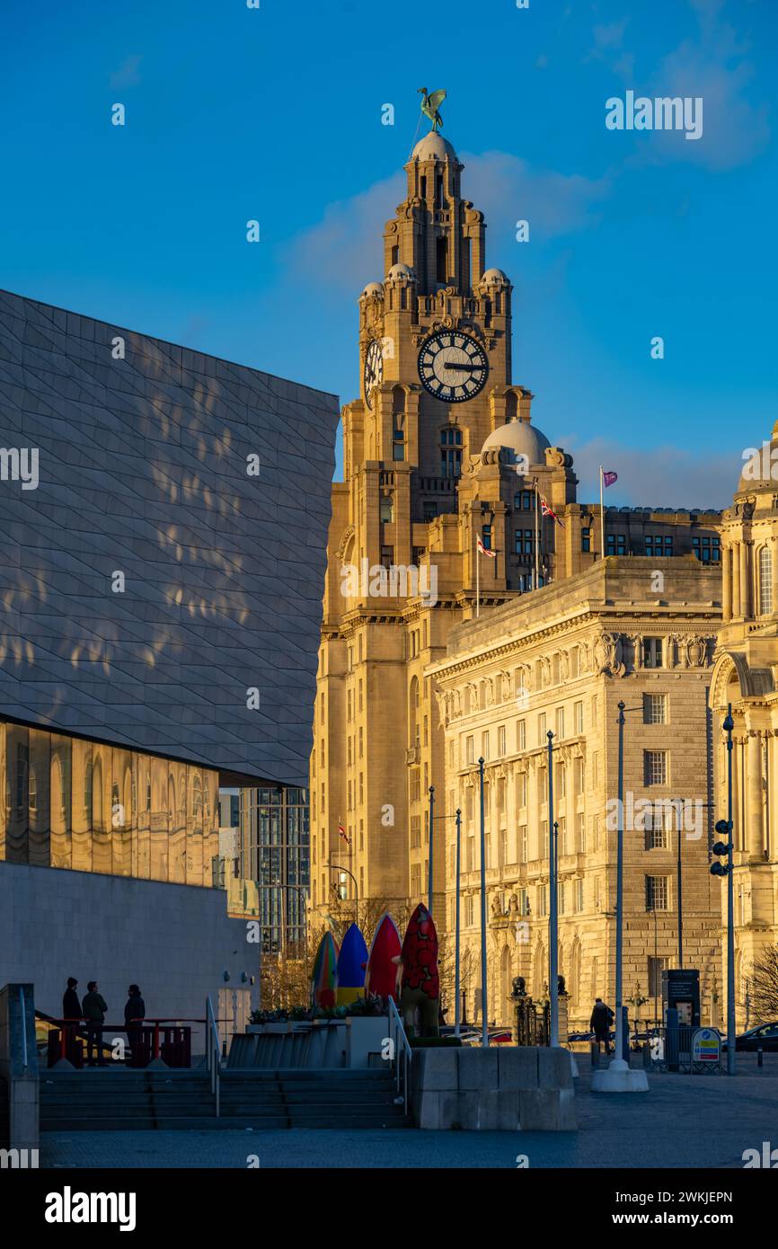 The Liver building and the Liverpool Museum Pier Head, Mann Island, Liverpool L3 1DG Stock Photo