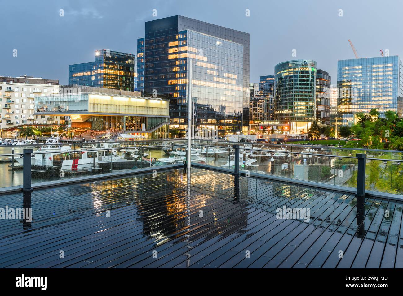 Boston, Massachusetts, USA cityscape and marina at twilight. Stock Photo
