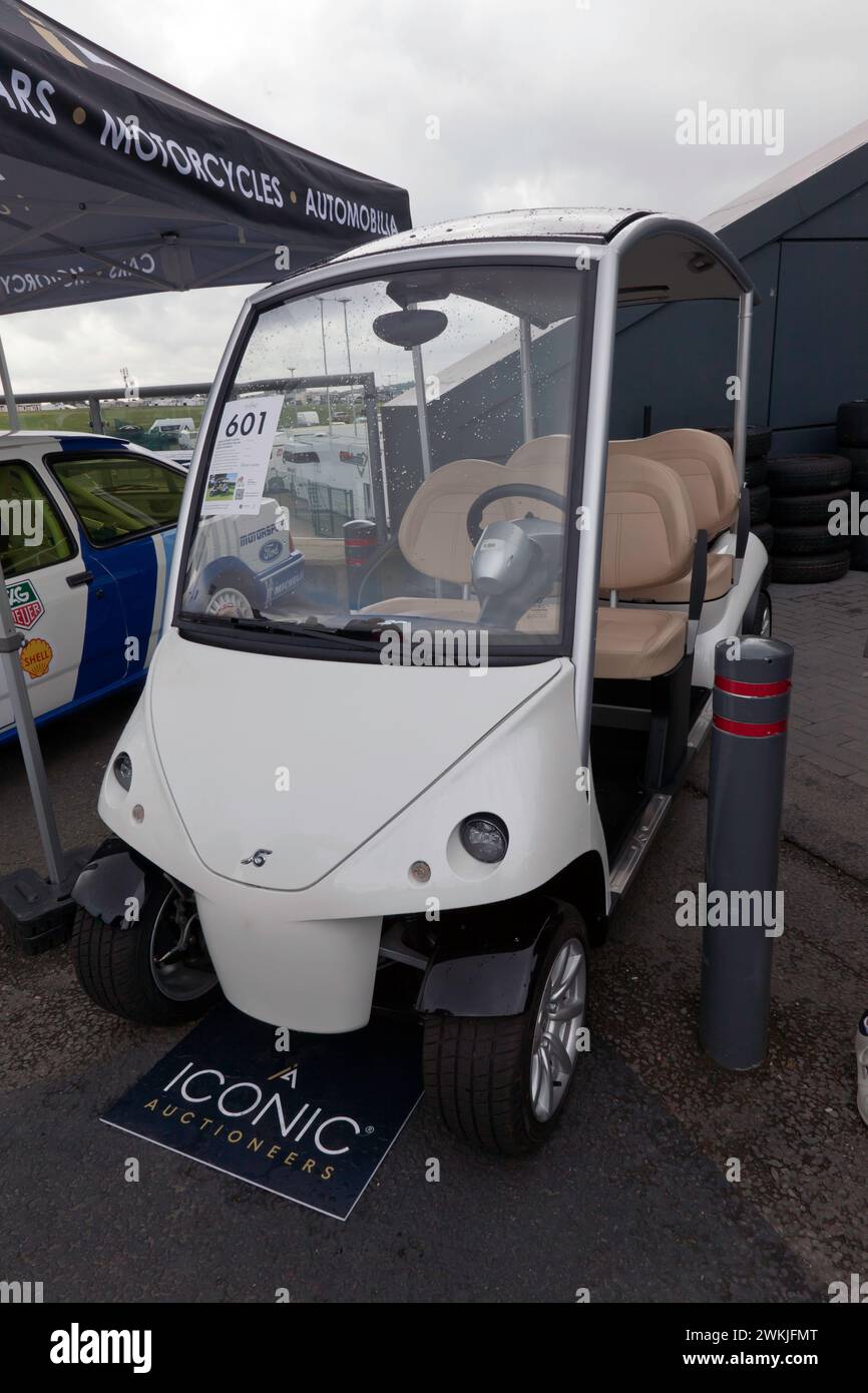 A Garia Courtesy Luxury Golf Car, used by the late Queen Elizabeth II, on sale in the Iconic Auction, at the 2023 Silverstone Festival Stock Photo