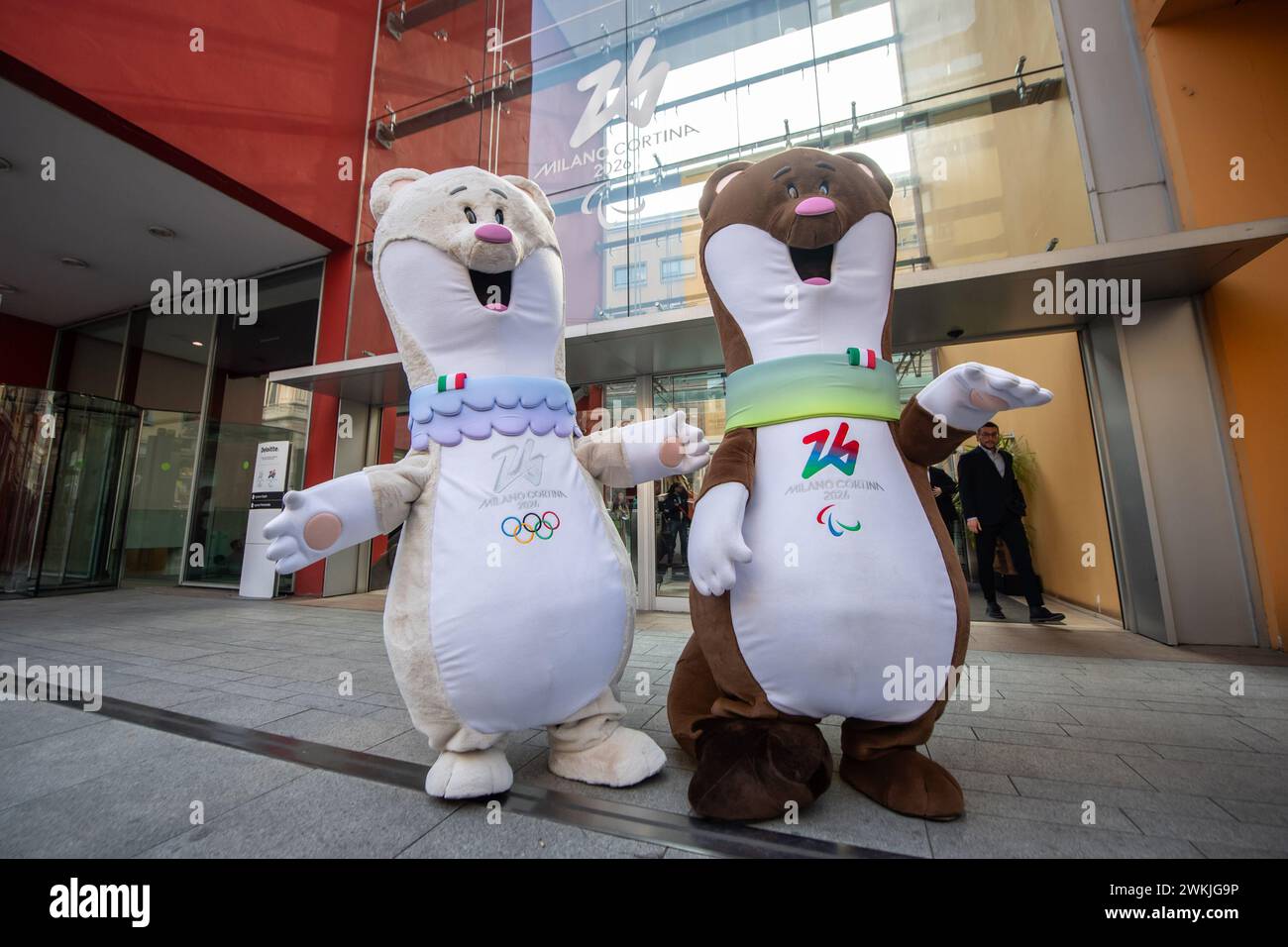 Milano, Italia. 21st Feb, 2024. Foto Claudio Furlan/Lapresse 21-02-2024 Milano - NewsMascotte dei Giochi Olimpici e Paralimpici di Milano Cortina 2026 presso la sede di Deloitte di via Tortona Photo Claudio Furlan/Lapresse 21-02-2024 Milan - News Mascot of the Milan Cortina 2026 Olympic and Paralympic Games at Deloitte's headquarters in via Tortona Credit: LaPresse/Alamy Live News Stock Photo