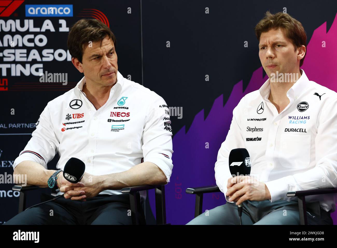 Sakhir, Bahrain. 21st Feb, 2024. (L to R): Toto Wolff (GER) Mercedes AMG F1 Shareholder and Executive Director and James Vowles (GBR) Williams Racing Team Principal in the FIA Press Conference. 21.02.2024. Formula 1 Testing, Sakhir, Bahrain, Day One. Photo credit should read: XPB/Alamy Live News. Stock Photo