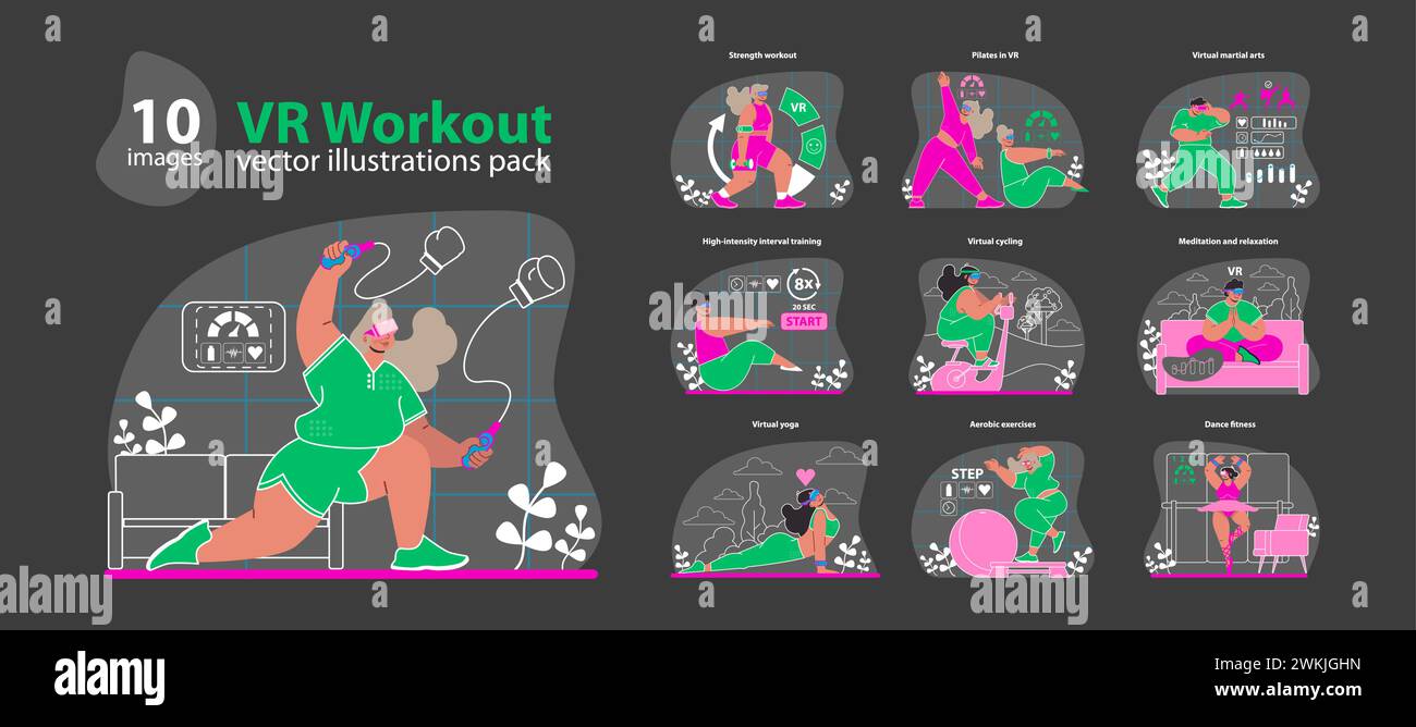 VR Workout set. Interactive and immersive fitness routines. Engaging virtual reality exercises across diverse activities. Dynamic home training experience. Flat vector illustration. Stock Vector