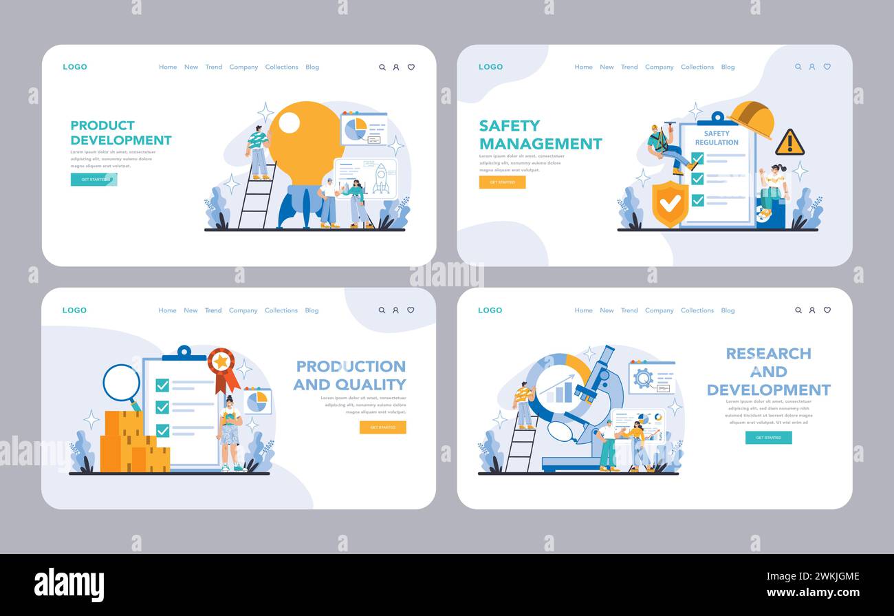 Production and Quality web or landing page set. Four web banners showcasing key industrial processes in product development, safety, research, and quality assurance. Flat vector illustration. Stock Vector