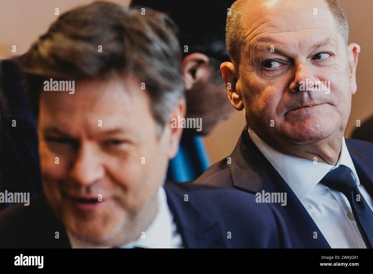 Berlin, Deutschland. 21st Feb, 2024. (LR) Robert Habeck (Alliance 90/The Greens), Federal Minister for Economic Affairs and Climate Protection and Vice Chancellor, and Olaf Scholz (SPD), Federal Chancellor, taken at the weekly cabinet meeting in Berlin, February 21, 2024. Credit: dpa/Alamy Live News Stock Photo