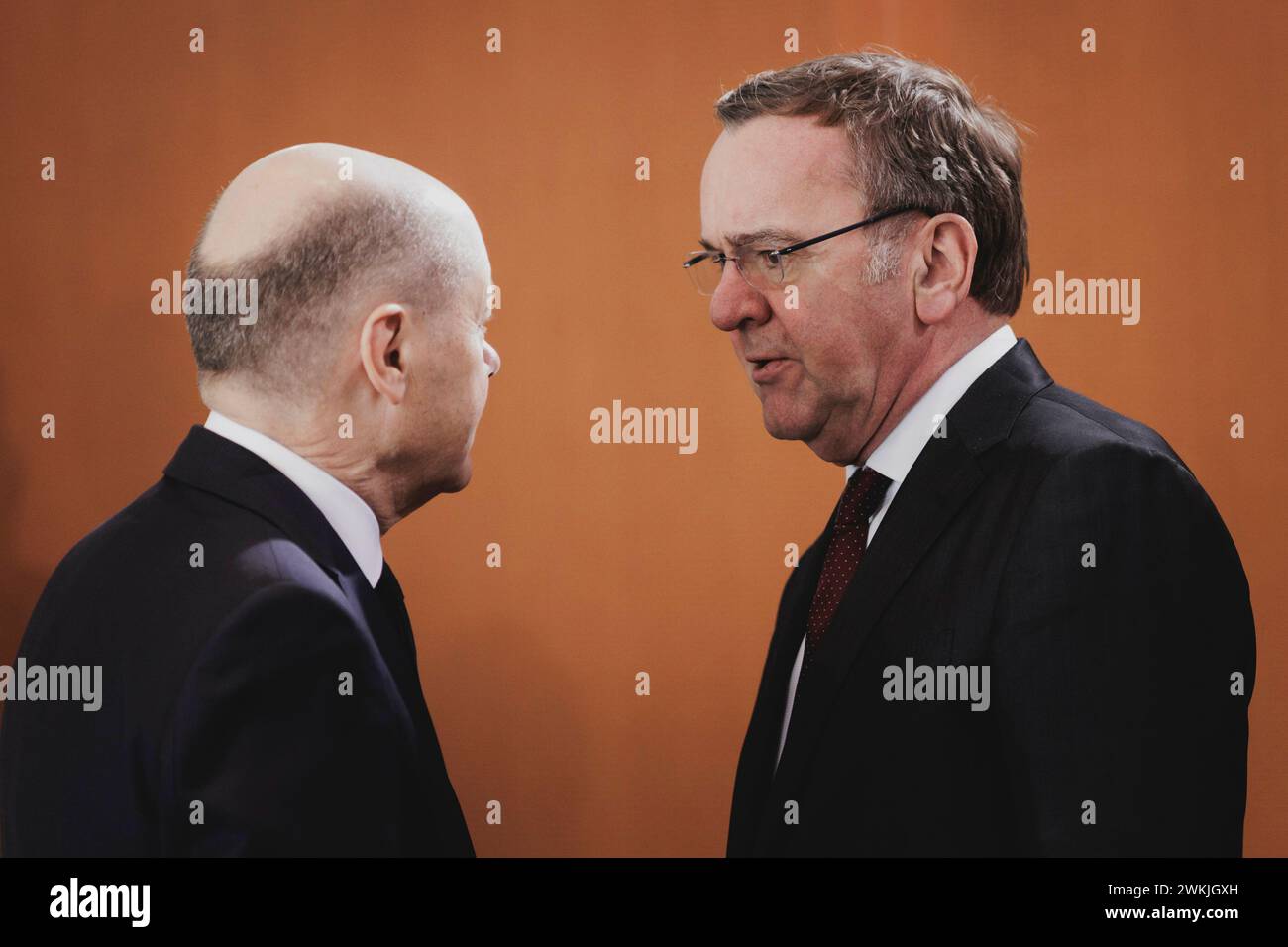 Berlin, Deutschland. 21st Feb, 2024. (LR) Olaf Scholz (SPD), Federal Chancellor, and Boris Pistorius (SPD), Federal Minister of Defense, taken at the weekly cabinet meeting in Berlin, February 21, 2024. Credit: dpa/Alamy Live News Stock Photo