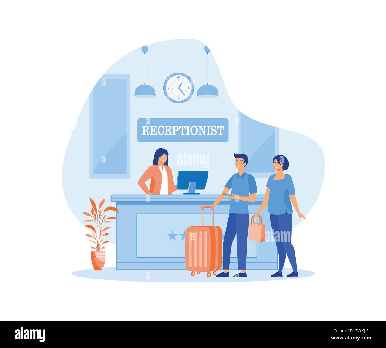 A couple of tourists or travelers standing at the reception desk and talking to the receptionist. flat vector modern illustration Stock Vector