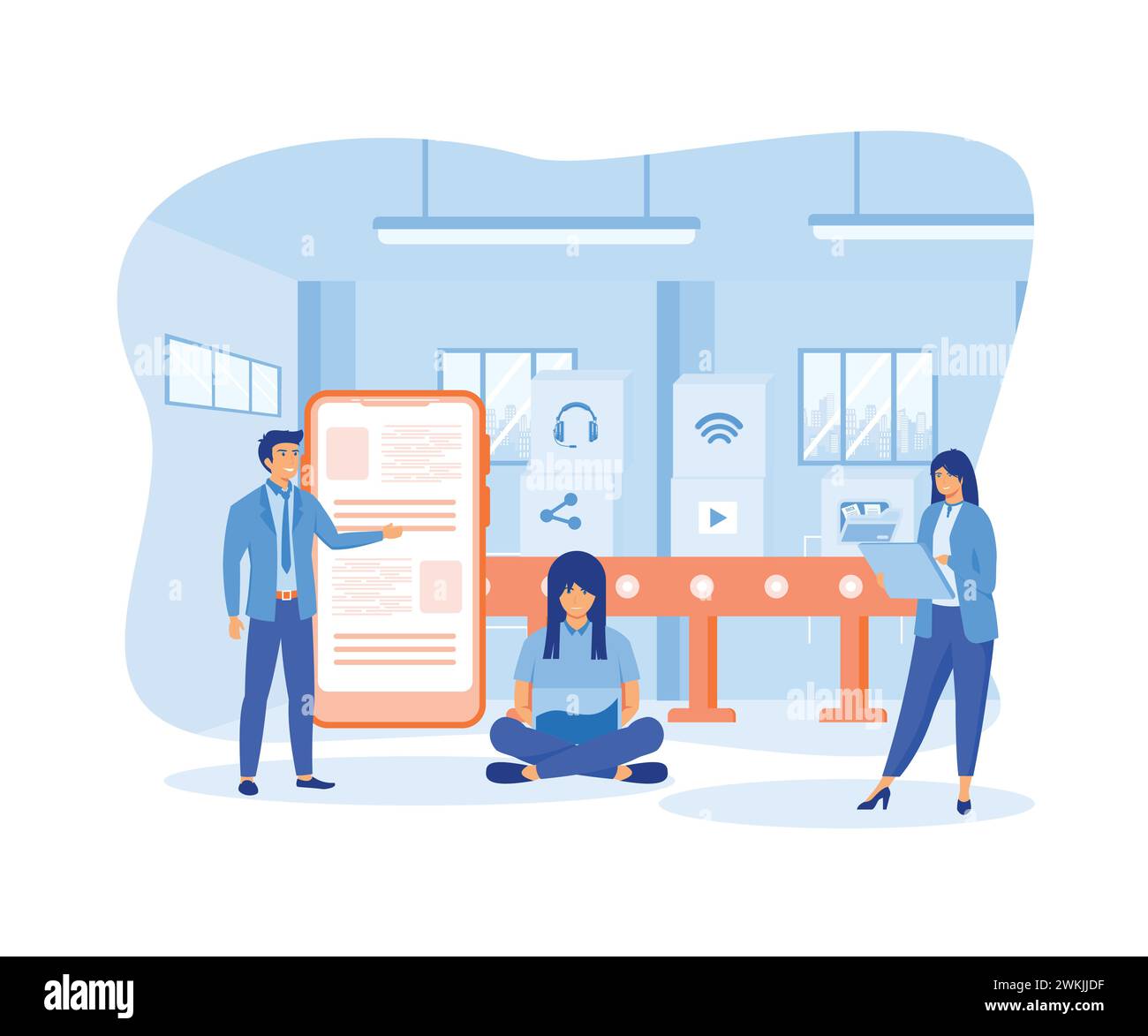 production line with workers, automation and user interface concept. connecting, loading a smart phone and sharing media data with a system, smart ind Stock Vector