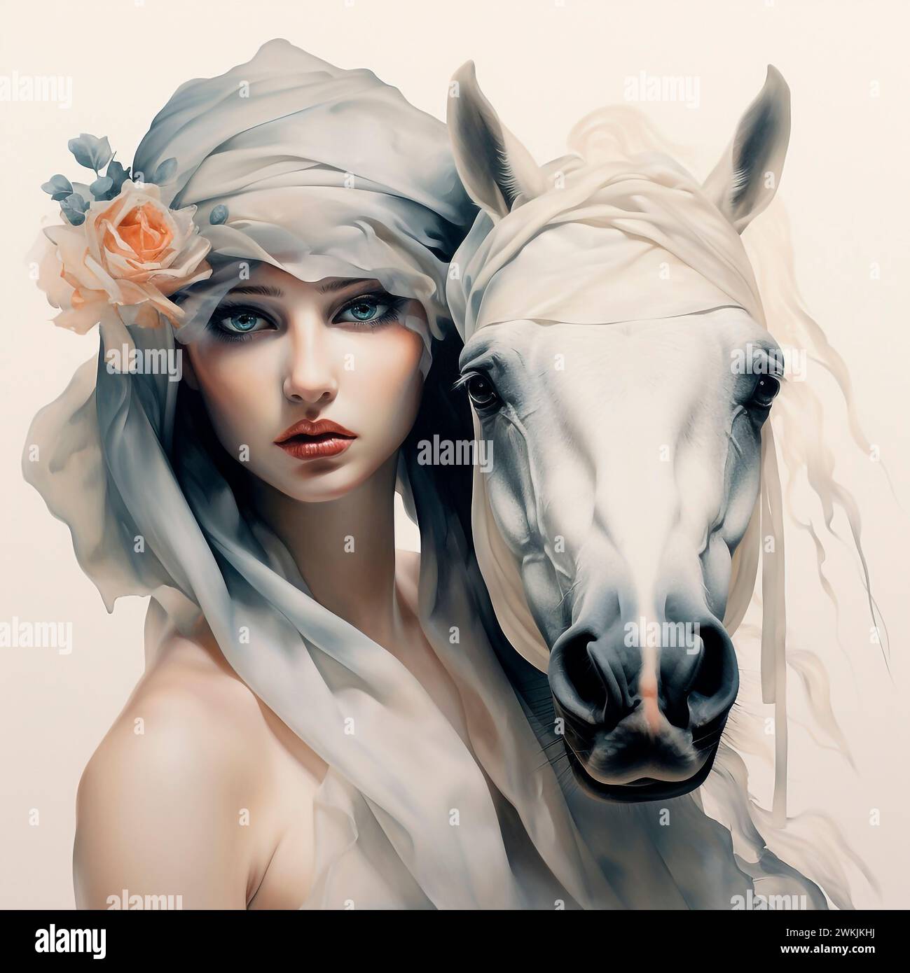 A young woman in medieval dress and a white horse. Digital watercolor