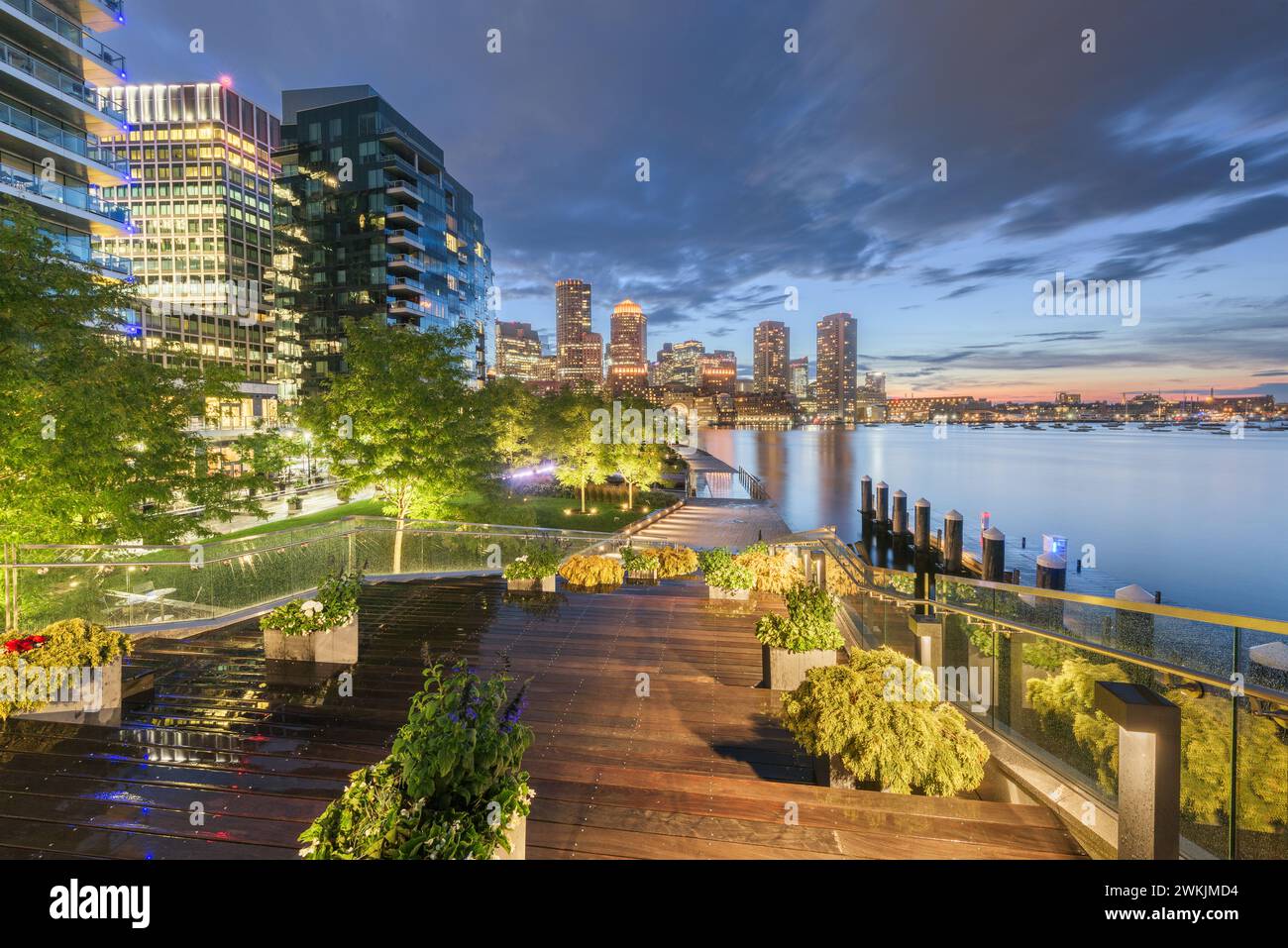 Boston, Massachusetts, USA downtown city skyline and pier at twilight. Stock Photo