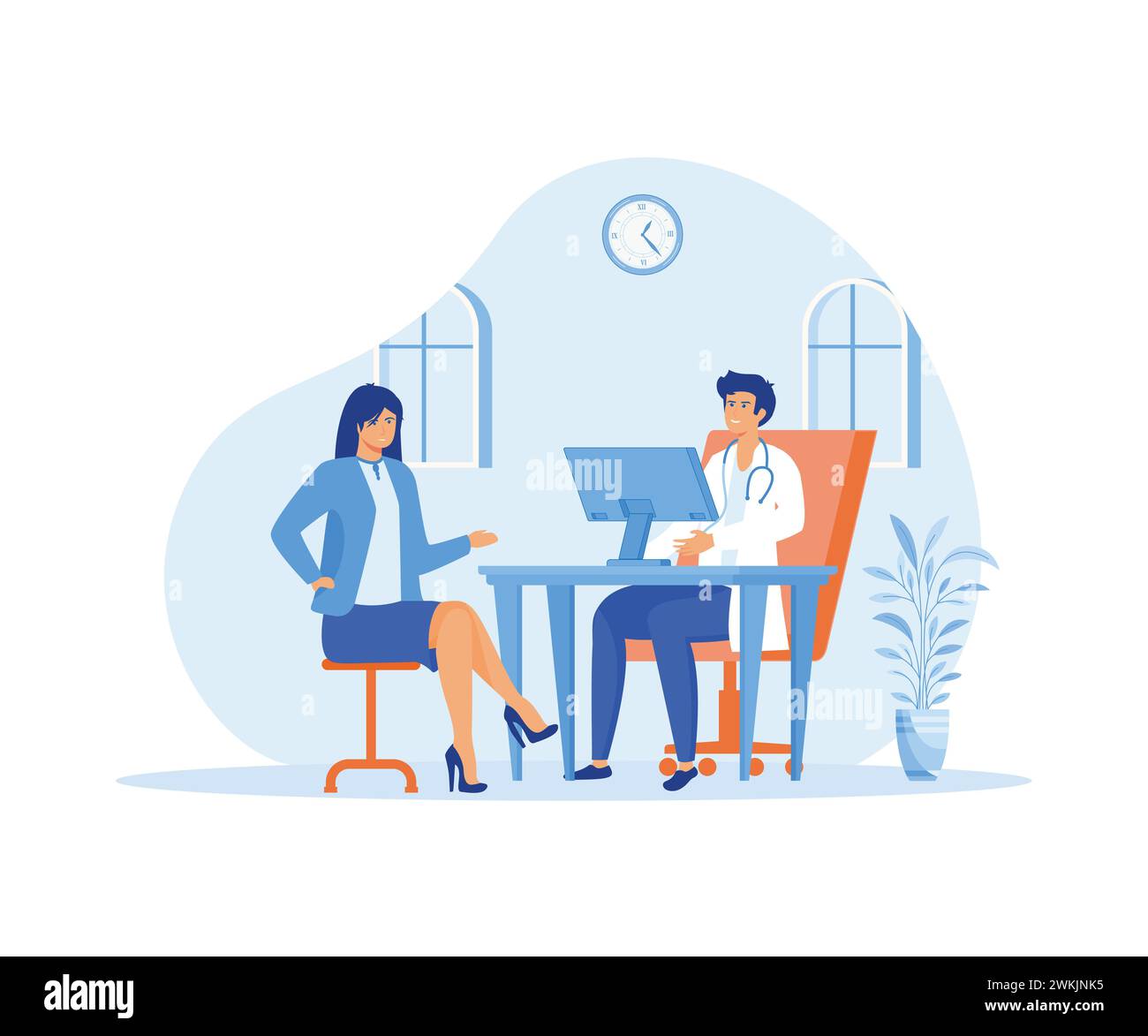 A smiling girl male doctor sitting and talking at the table in the office. Interior of consultation room with doctor and patient. flat vector modern i Stock Vector