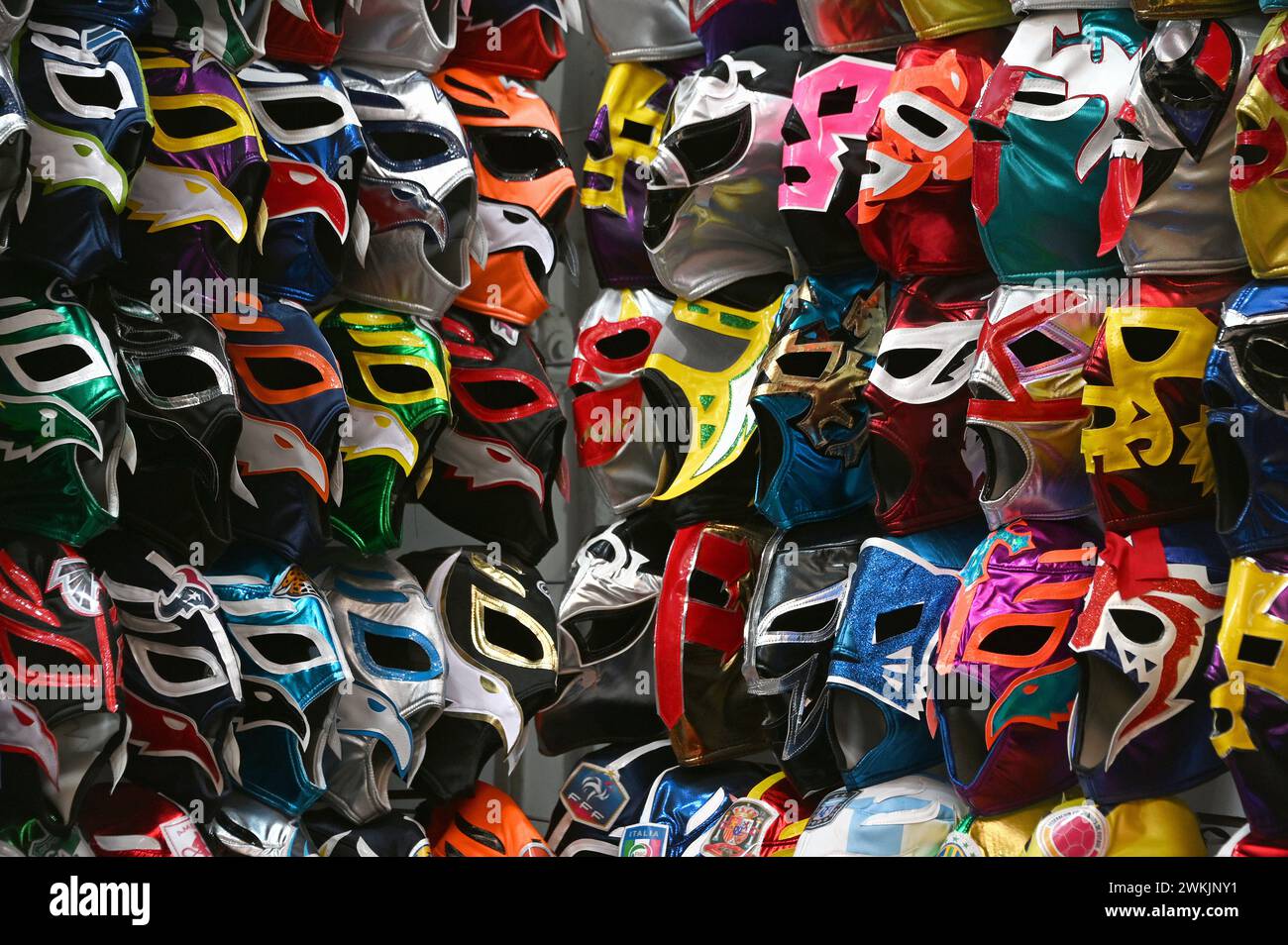 Lucha Libre masks, Mexican wrestler masks at Mercado de Artesan'as La Ciudadela, Mexico City Stock Photo