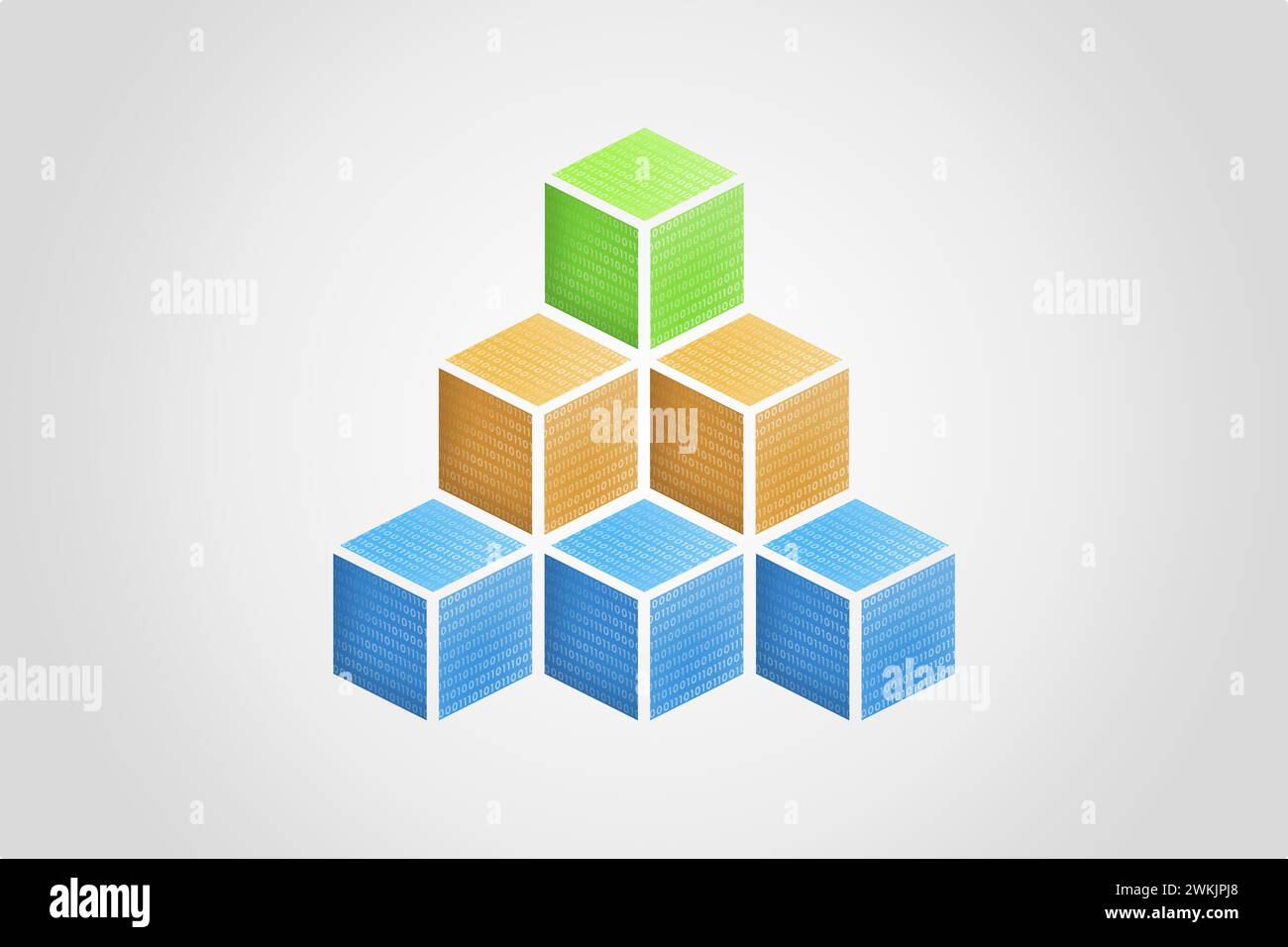 Pyramid of blockchain cubes with binary code, featuring blue, orange, and green hues. Symbolic of digital advancement and connectivity Stock Photo