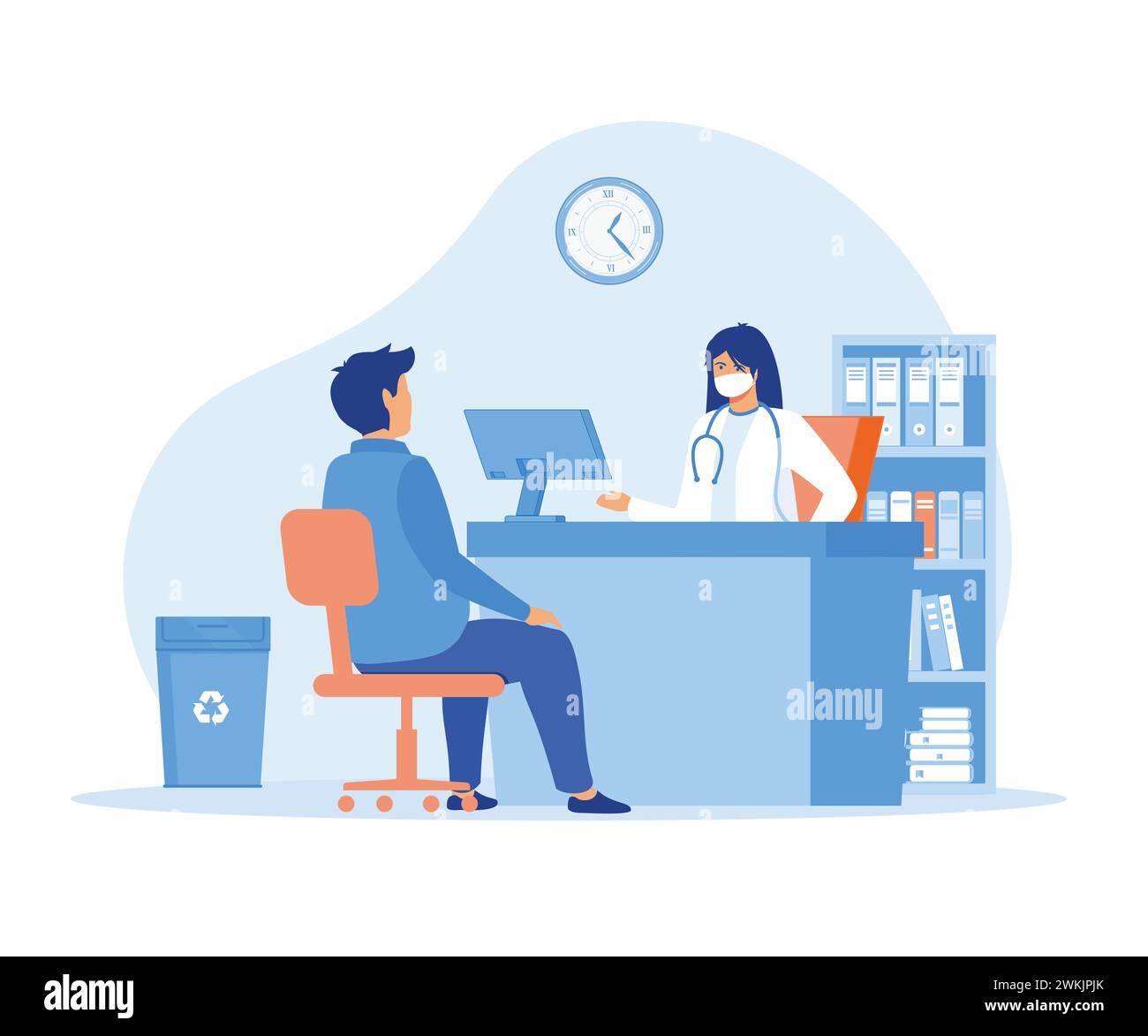 Doctor sitting at table with monitor. Family therapist, healthcare, clinic workspace concept. flat vector modern illustration Stock Vector