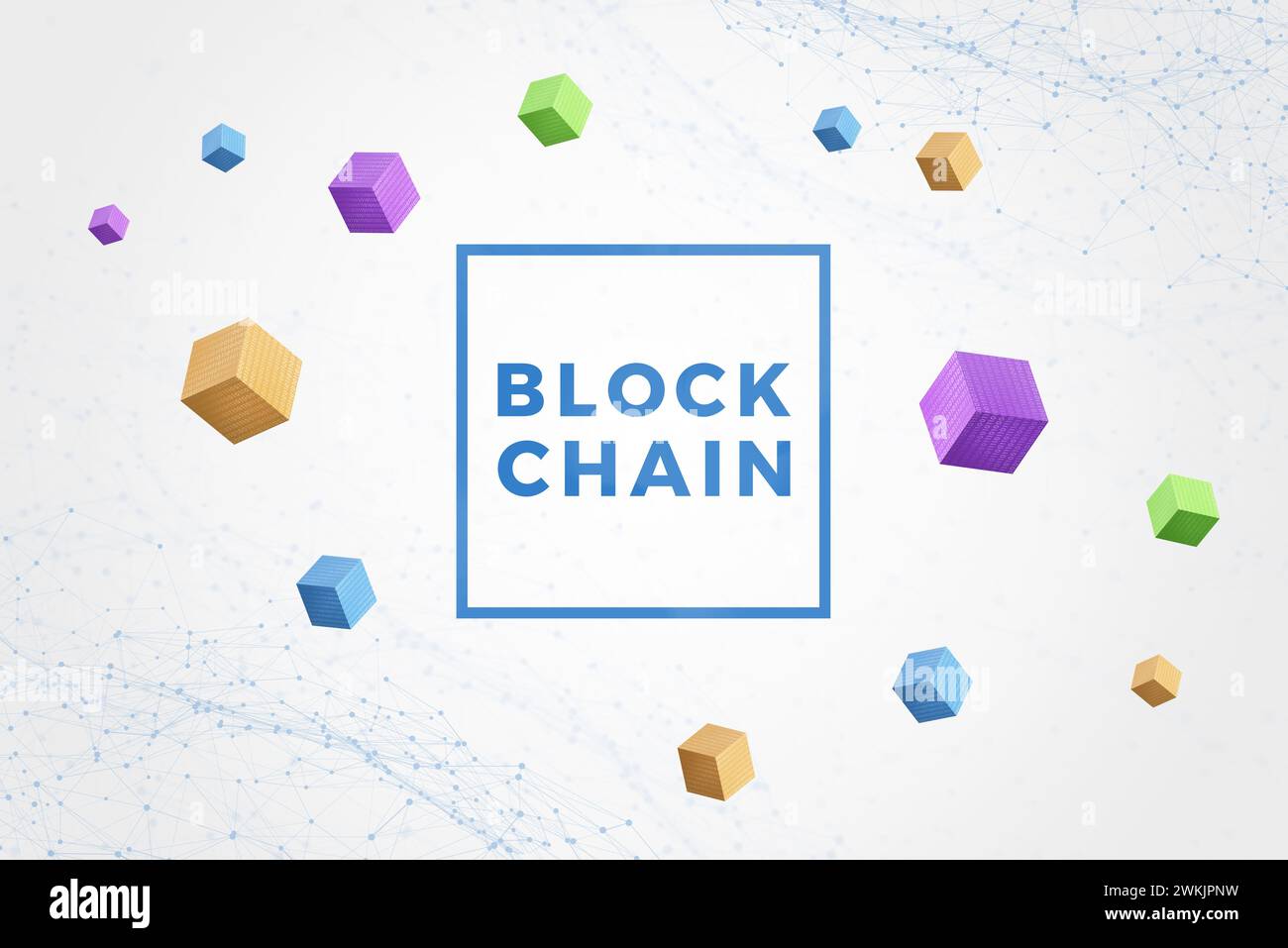 Blockchain text surrounded by blocks, cubes with binary code, and network nodes. Digital connectivity and security concept Stock Photo