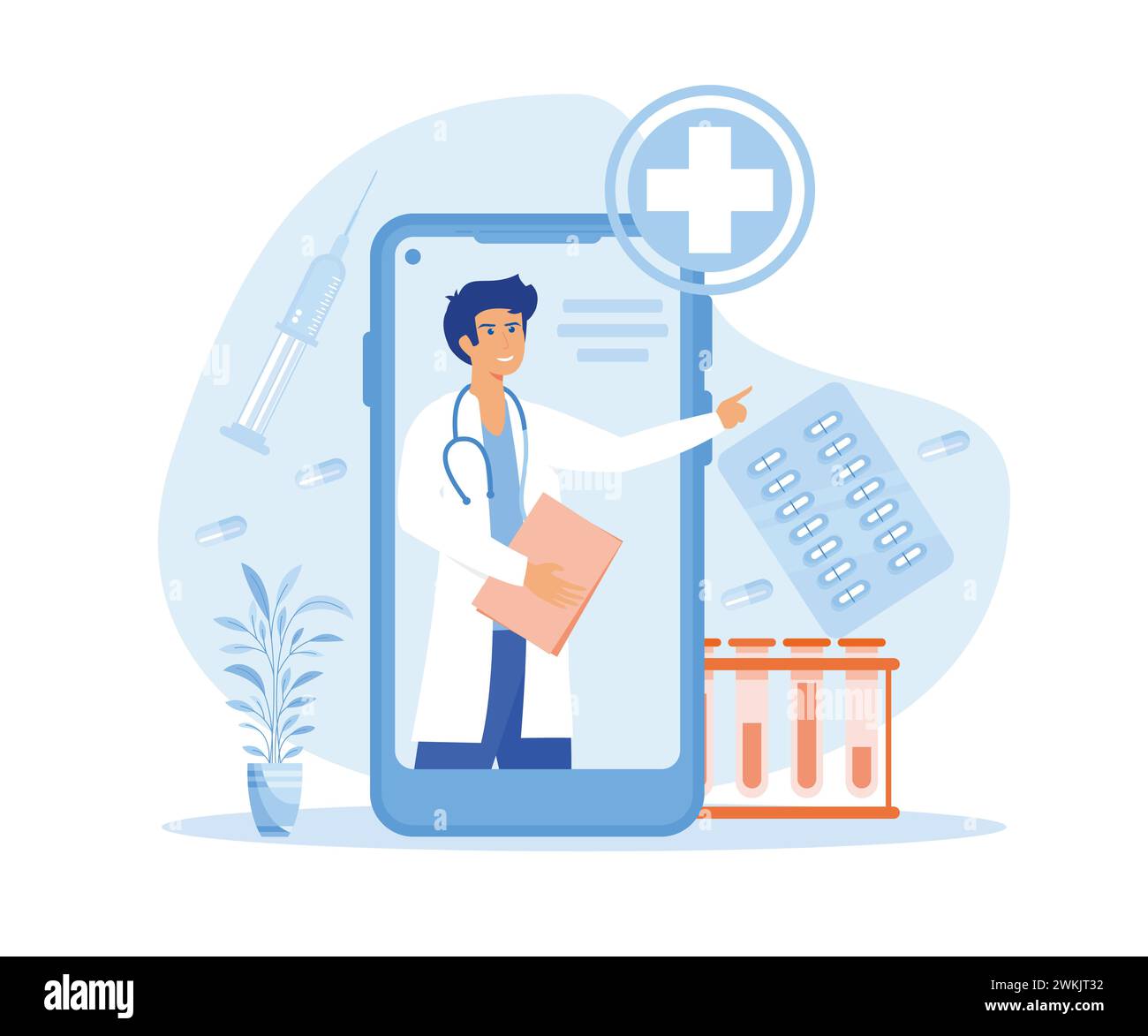 Smartphone screen with a male doctor. Online medical services, consultation and telemedicine concept. flat vector modern illustration Stock Vector
