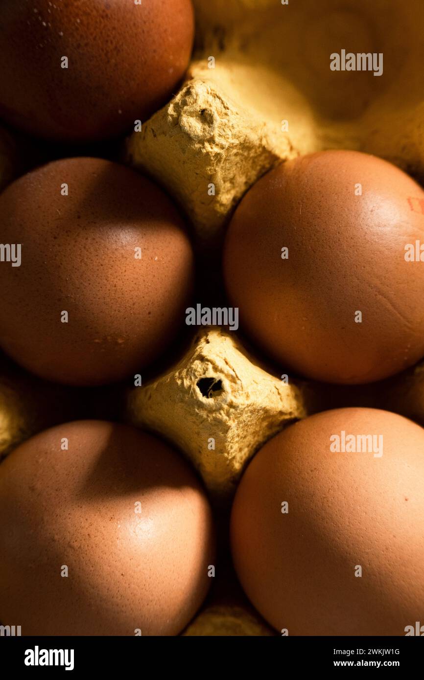 Close up view of brown eggs in yellow paper box Stock Photo