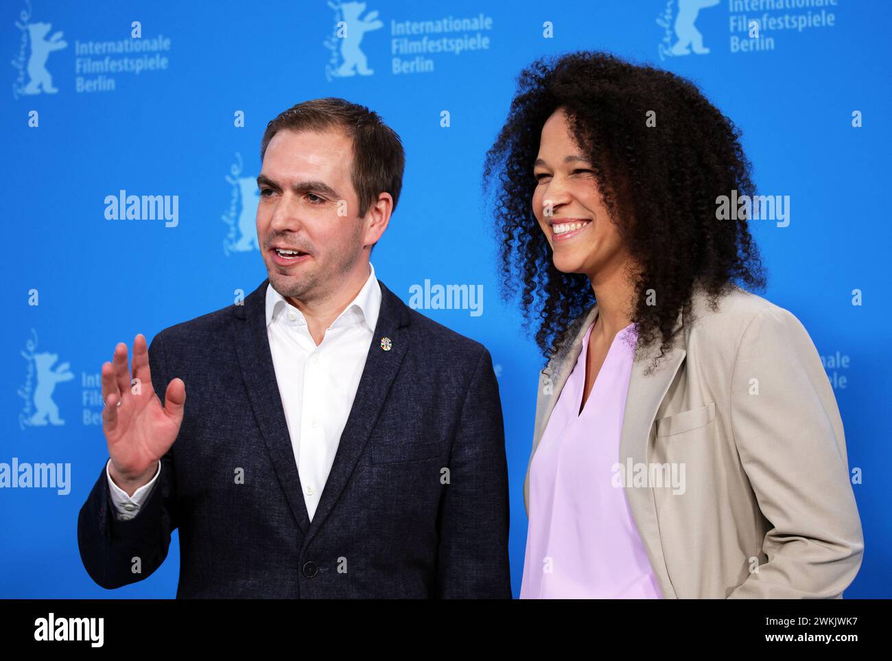 Berlin, Germany. 21st Feb, 2024. Philipp Lahm (l), former German soccer player, and Celia Sasic, former German soccer player, at the photocall of the film 'Elf Mal Morgen. Berlinale Meets Football' at the Berlinale. With the 'Berlinale Meets Football' project, the Berlin International Film Festival is participating in the cultural program of the 2024 European Football Championship. The 74th Berlin International Film Festival will take place from February 15 to 25, 2024. Credit: Hannes P. Albert/dpa/Alamy Live News Stock Photo