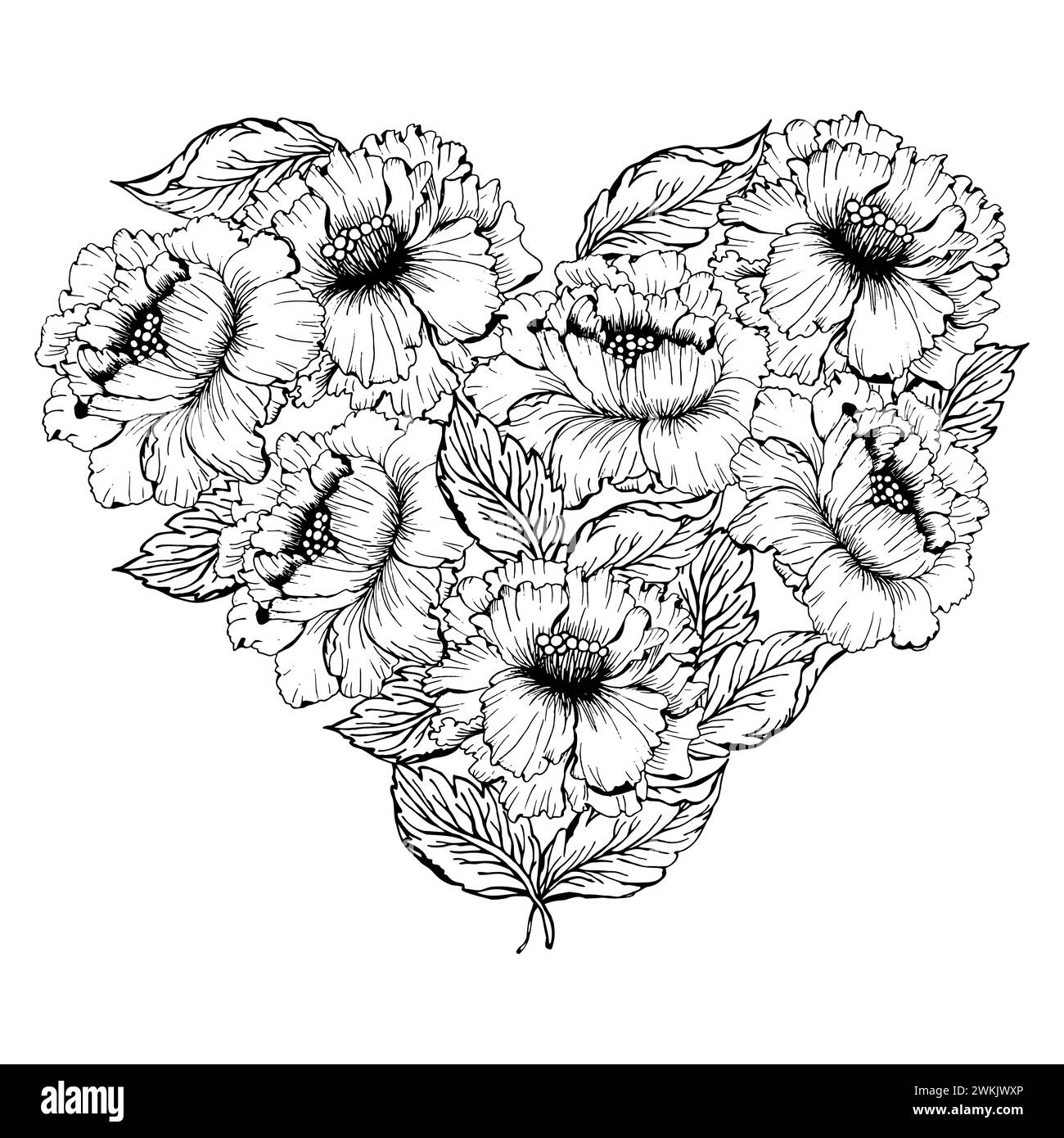 Line art Chines peonies flower with leaves hearts background, hand drawn floral elements for Valentines day. Vector illustrations for card or invitati Stock Vector