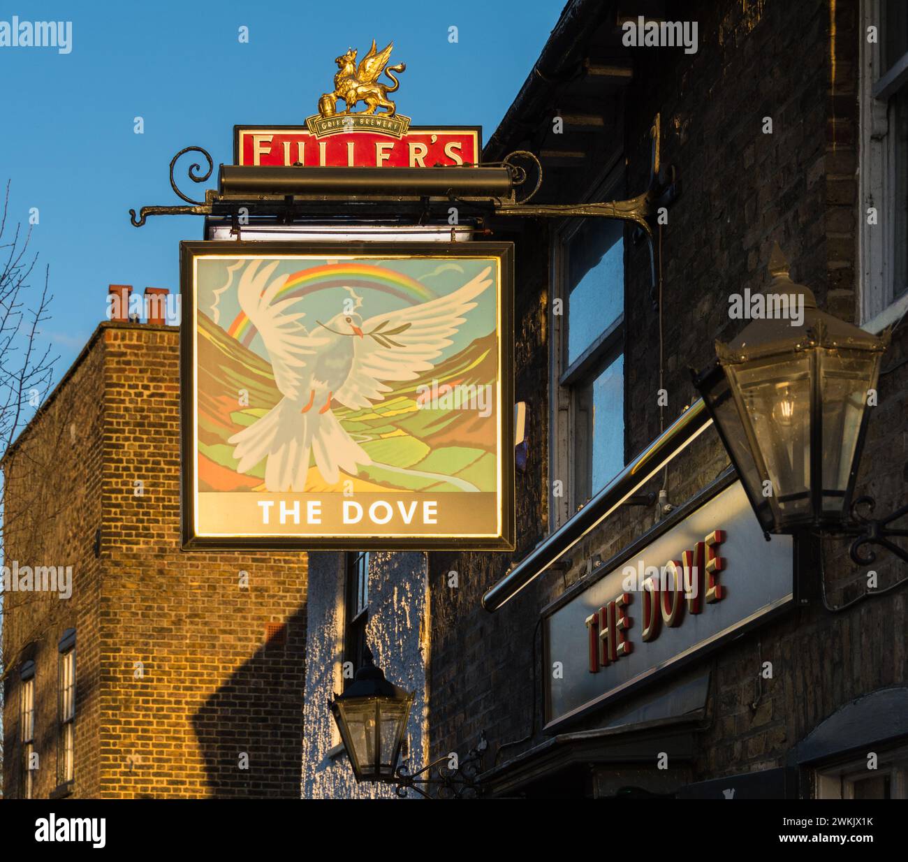 Closeup of The Dove Public House (Fullers) signage in Hammersmith, West ...