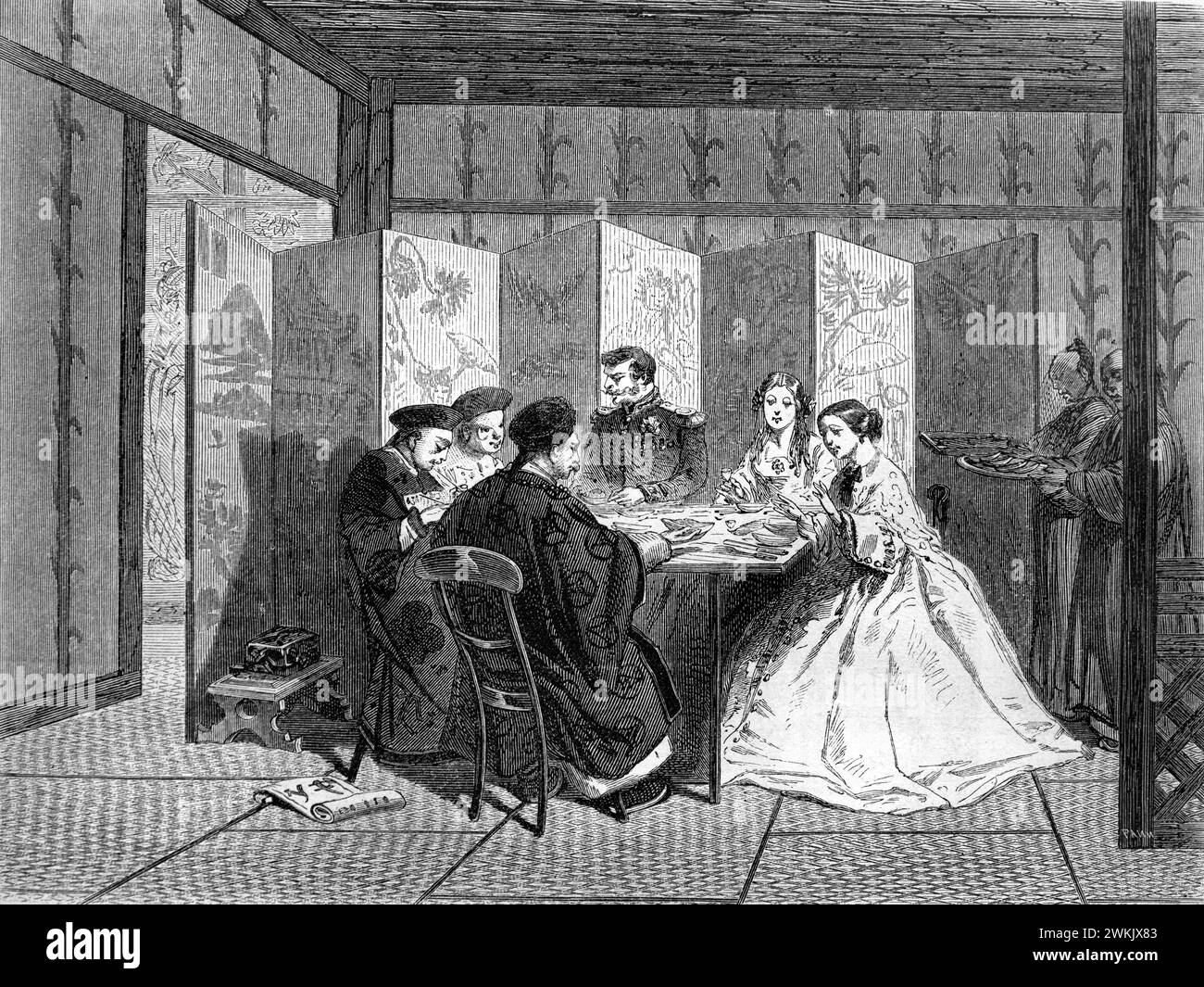 Chinese Traders, Businessmen or Officials Receive Russian Officer, Border Control Officer or Customs Officer and Two Russian Women for a Chinese Meal in Kyakhta on the Mongolia-Russia Border, Republic of Buryatia, Russia. Vintage or Historic Engraving or Illustration 1863 Stock Photo
