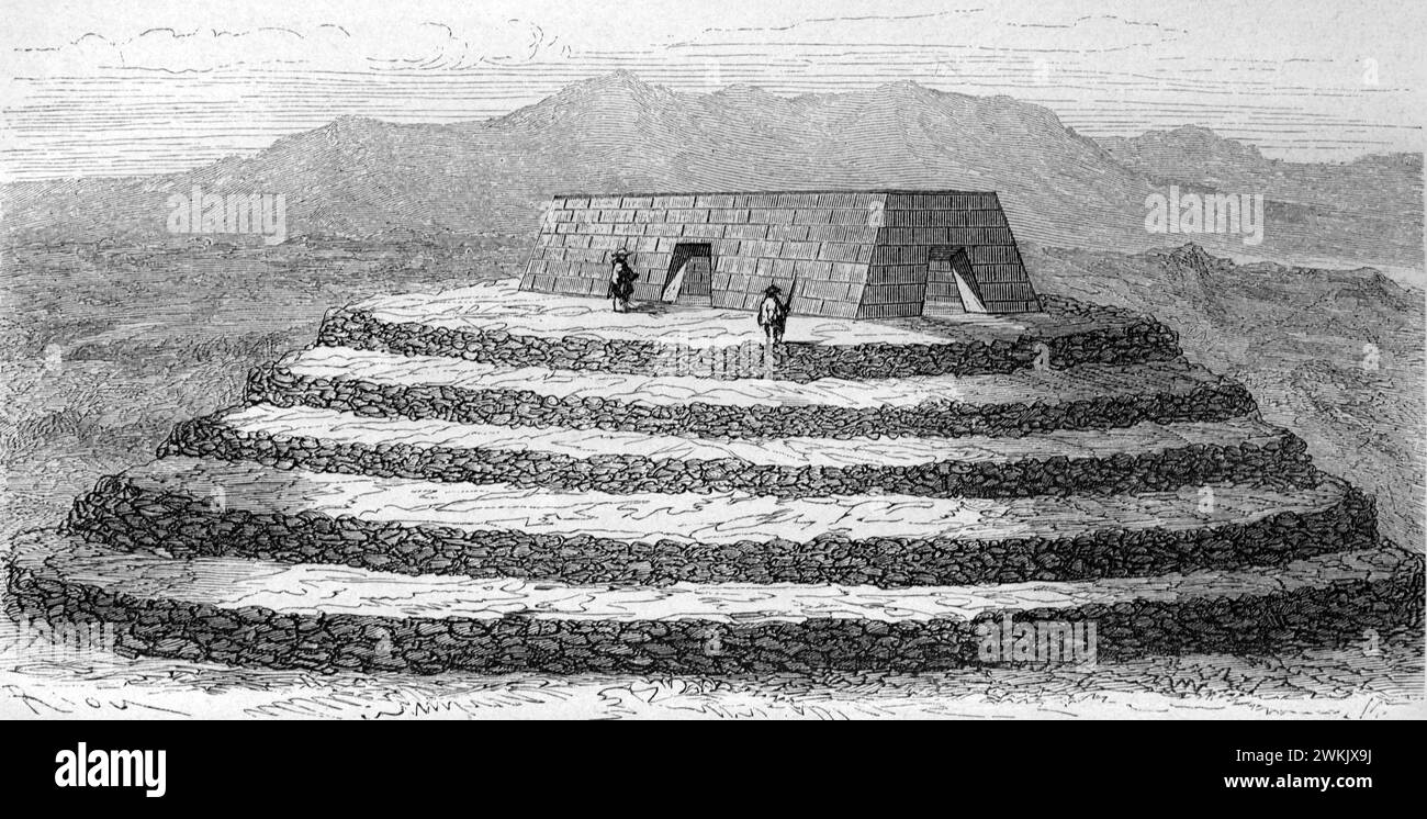 Artistic Impression or Reconstruction of the Temple of Viracochapampa, Huiracochapampa or Wiracochapampa, of the pre-Inca Wari Culture, near Huamachuco, Peru. Vintage or Historic Engraving or Illustration 1863 Stock Photo