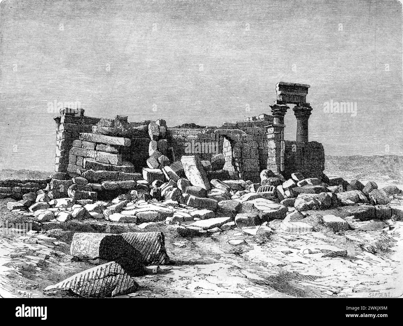 Ruins of the Temple of Debod (200BC) aka the Amun Temple, an Ancient Nubian Temple Nubia Egypt. In 1970-1972 the Temple was Dismantled and Rebuilt in the Parque de la Montana Madrid Spain. Vintage or Historic Engraving or Illustration 1863 Stock Photo