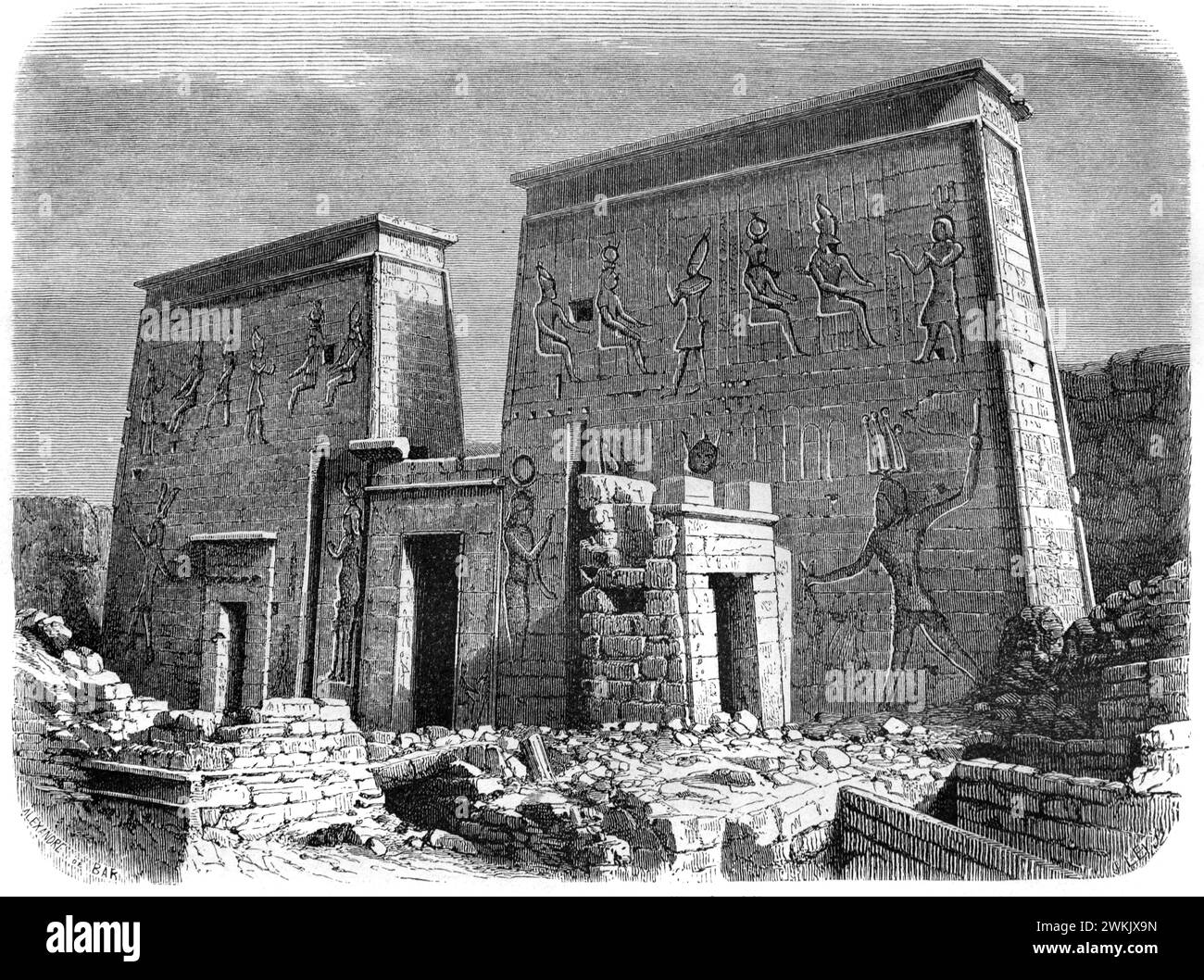 First Pylon, Monumental Gate, Double Colonnade & Entrance to Isis Temple (380-362BC) in the Philae Temple Complex Aswan Nubia Egypt. Vintage or Historic Engraving or Illustration 1863 Stock Photo