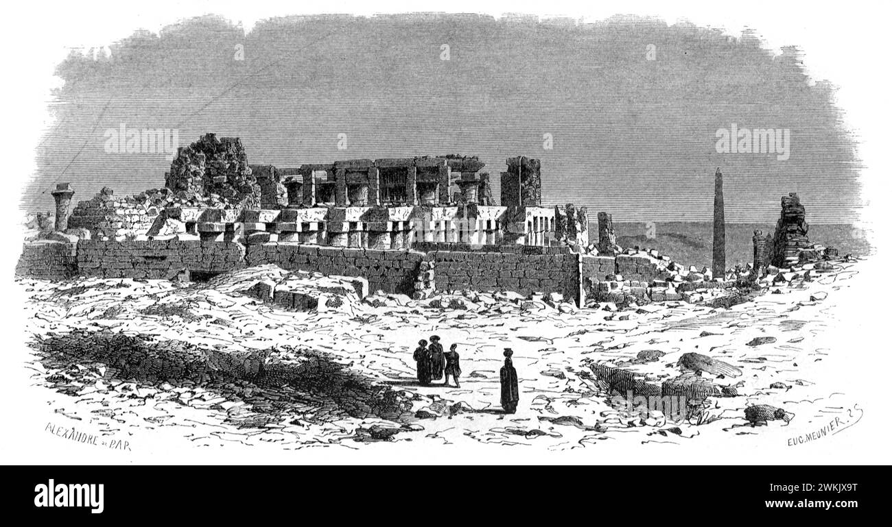 Ancient Ruins at the Karnak Temple Complex El-Karnak Luxur Egypt. Vintage or Historic Engraving or Illustration 1963. Stock Photo