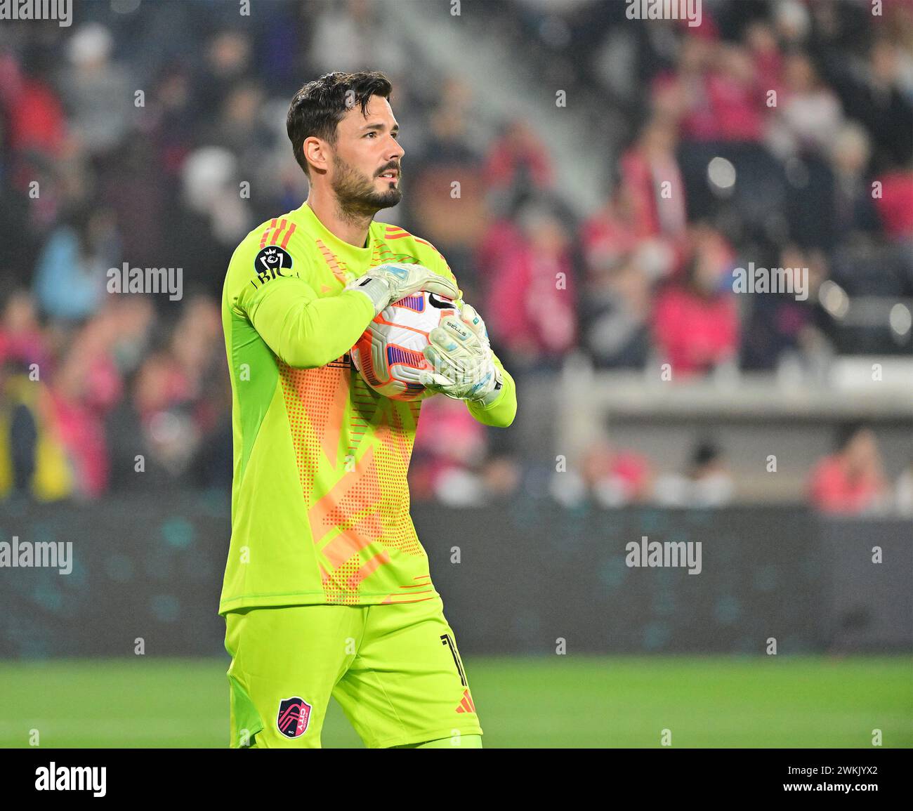 St. Louis, USA. 20th Feb, 2024. St. Louis City goalkeeper Roman Bürki (1). STL City hosted the Houston Dynamo in a CONCACAF Champions Cup first-round game at CITY Park Stadium in St. Louis, MO on Tuesday February 20, 2024. Photo by Tim Vizer/Sipa USA Credit: Sipa USA/Alamy Live News Stock Photo
