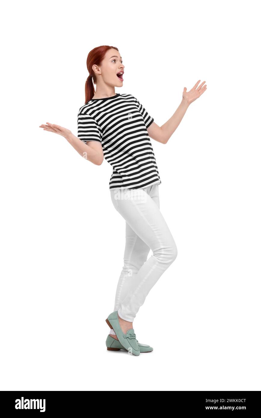 Surprised woman on white hi-res stock photography and images - Alamy