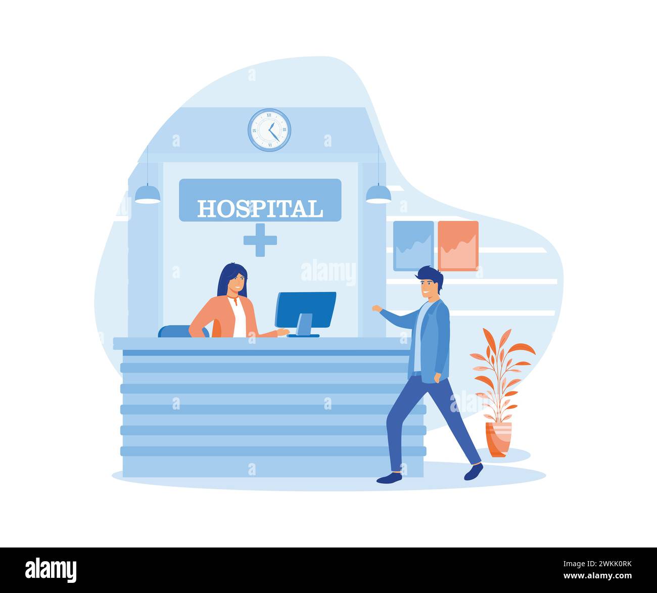 Hospital reception. Man walking to a hospital reception where he is greeted by a smiling young woman. flat vector modern illustration Stock Vector