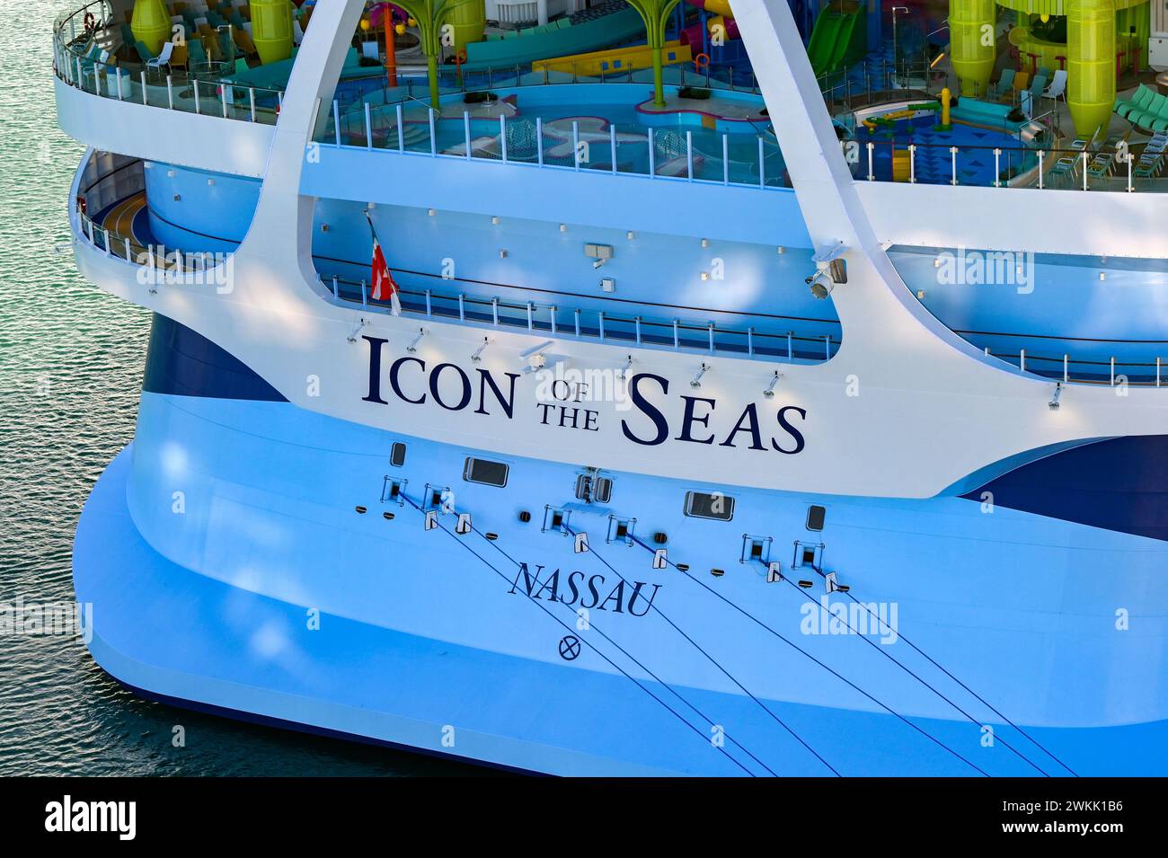 Miami, Florida, USA - 27 January 2024: Close up view of the name on the back of the biggest cruise ship in the world, Icon of the Seas Stock Photo