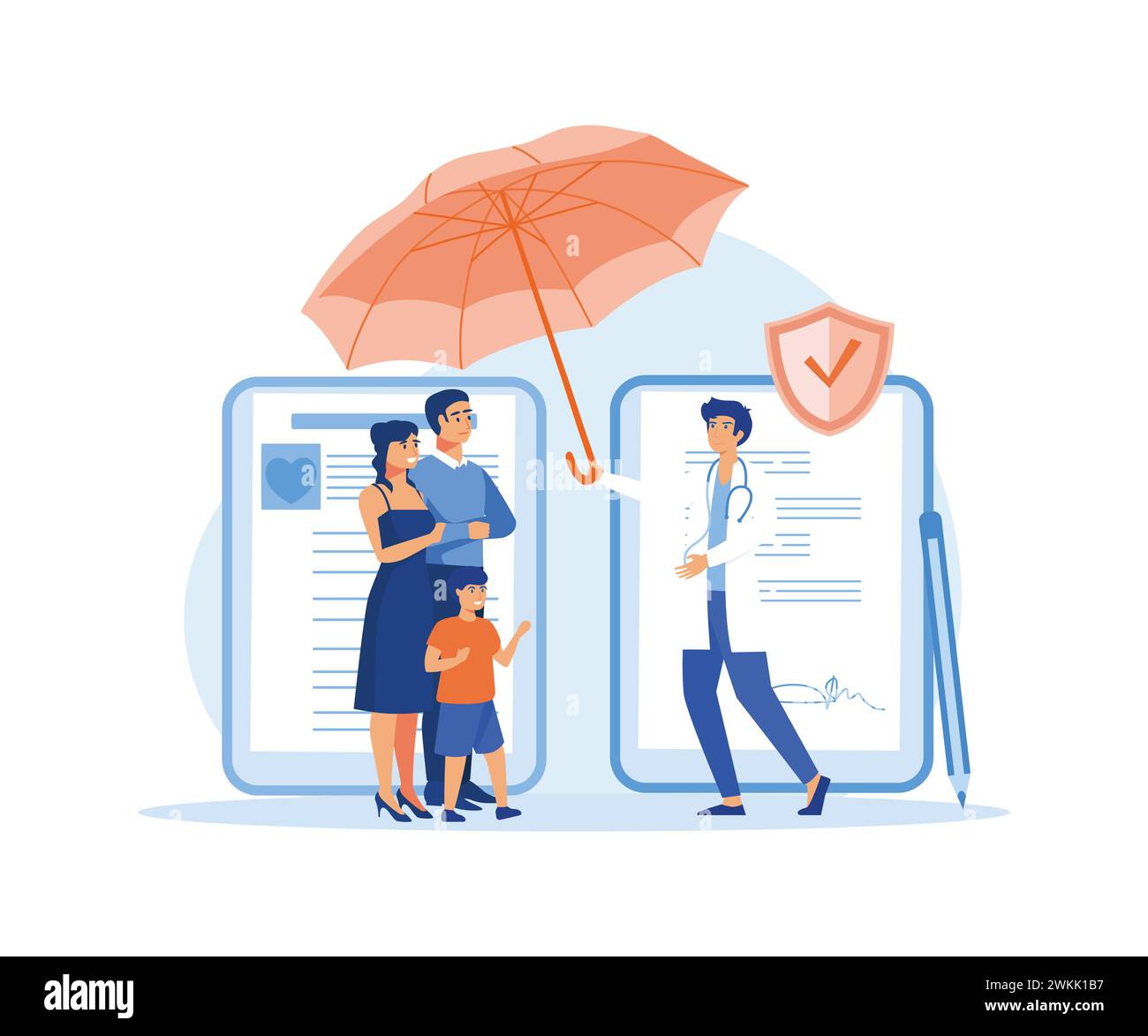 Doctor holding Umbrella over Family to Protect from Accident. flat vector modern illustration Stock Vector