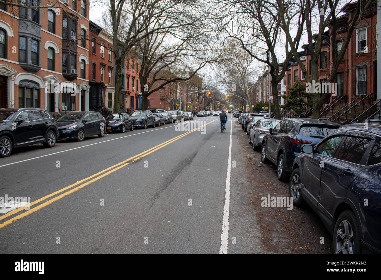 A serene street scene in New York with parked cars on both sides of the ...