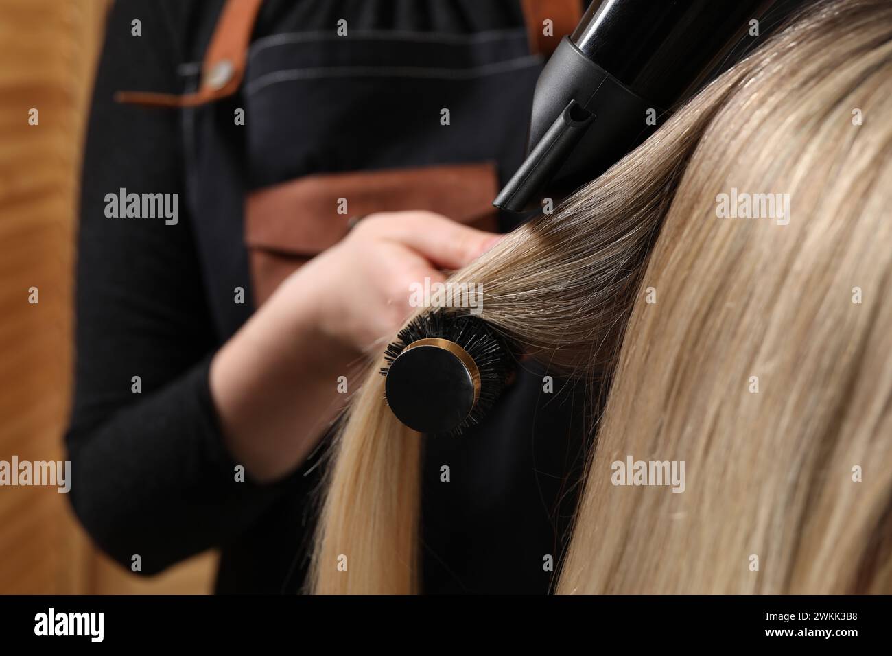 Hairdresser drying long blonde hair hi-res stock photography and images ...